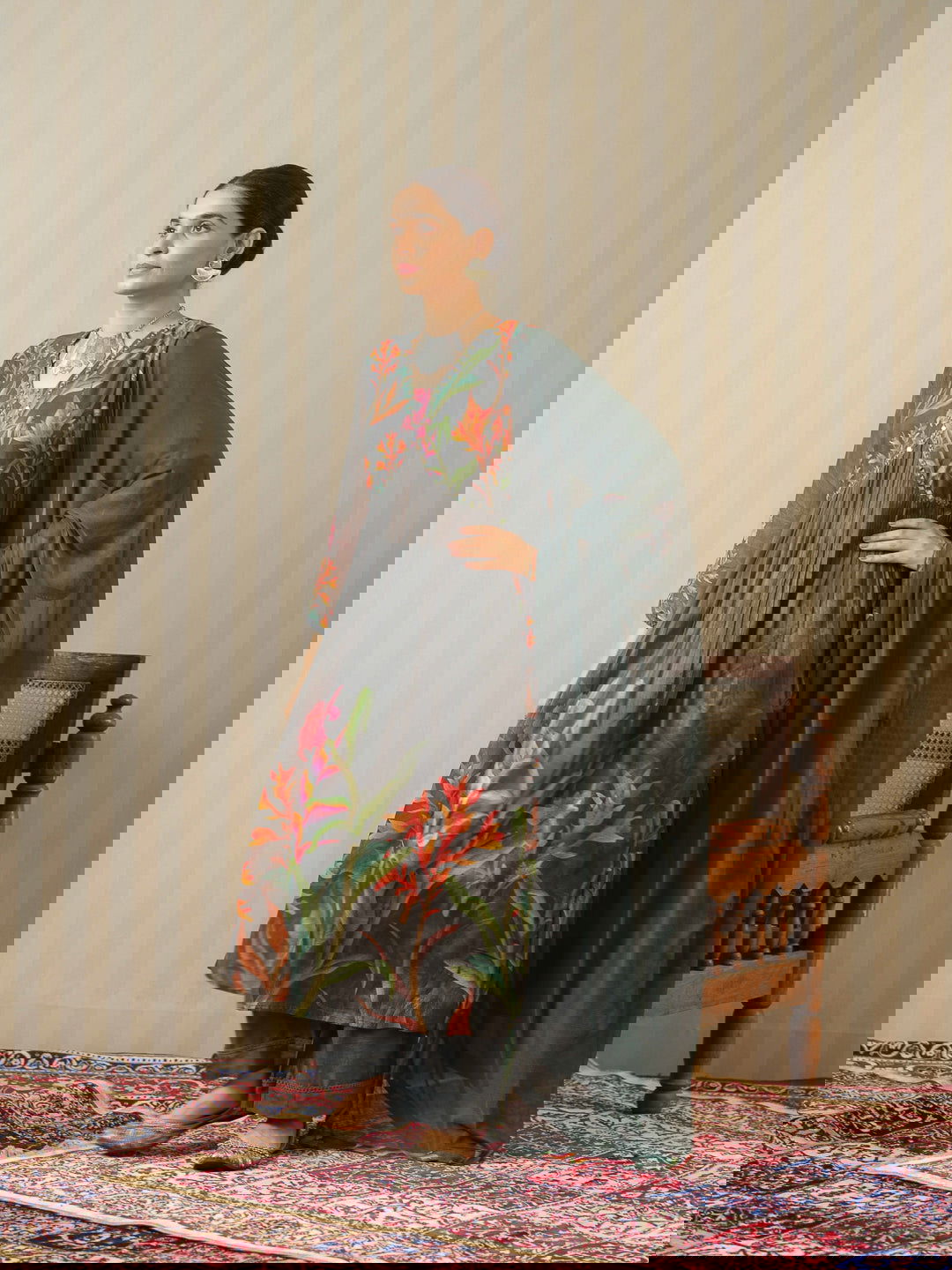 Grey Printed Floral A-Line Kurta and Trousers With Dupatta - Buy Best Ethnic Wear for Women & Girls | Daily Woman -