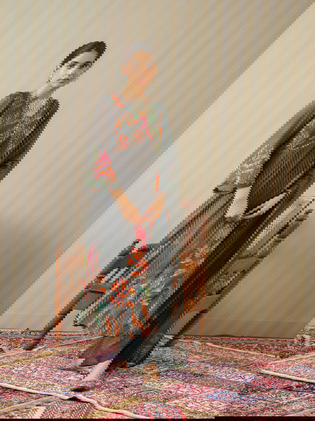 Grey Printed Floral A-Line Kurta and Trousers With Dupatta - Buy Best Ethnic Wear for Women & Girls | Daily Woman -