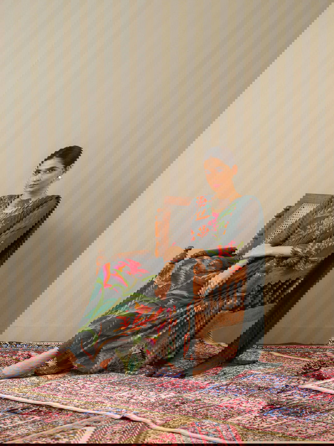 Grey Printed Floral A-Line Kurta and Trousers With Dupatta - Buy Best Ethnic Wear for Women & Girls | Daily Woman -