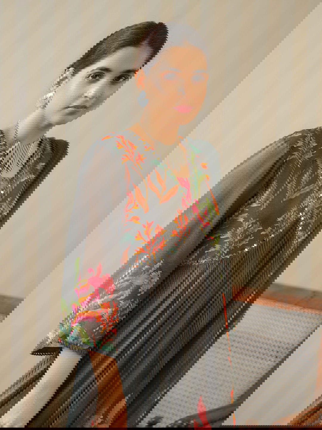 Grey Printed Floral A-Line Kurta and Trousers With Dupatta - Buy Best Ethnic Wear for Women & Girls | Daily Woman -