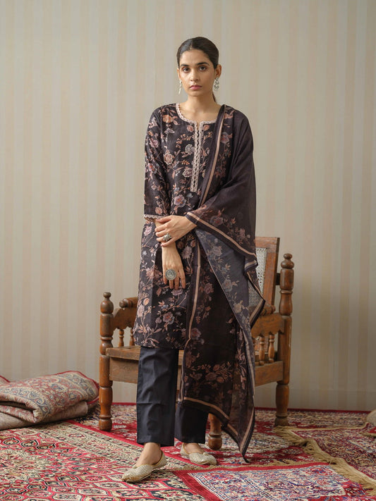 Grey Printed Floral Straight Kurta and Trousers With Dupatta - Buy Best Ethnic Wear for Women & Girls | Daily Woman -