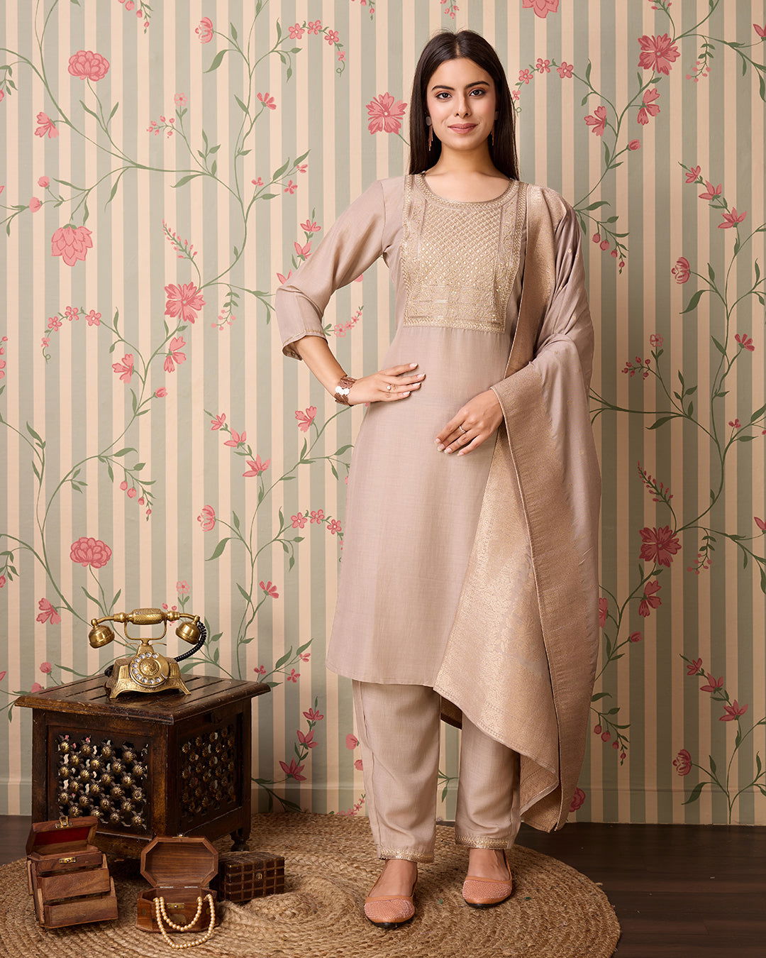 Grey Woven Design Yoke Design Straight Kurta Trousers With Dupatta – Buy Best Ethnic Wear for Women & Girls