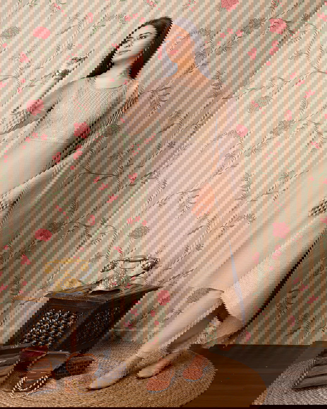 Grey Woven Design Yoke Design Straight Kurta Trousers With Dupatta - Buy Best Ethnic Wear for Women & Girls | Daily Woman -