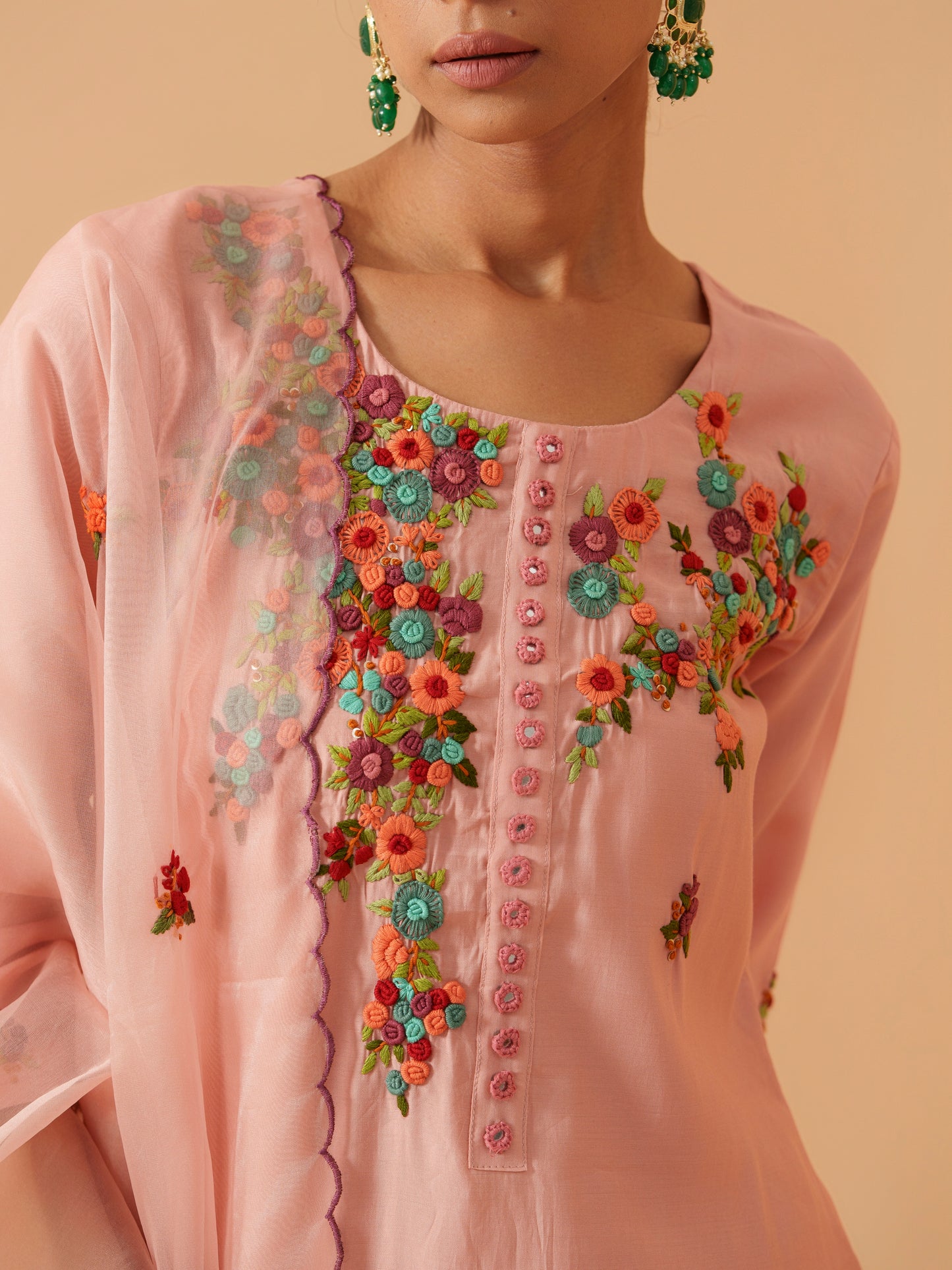 Embroidered Kurta With Trousers & Dupatta