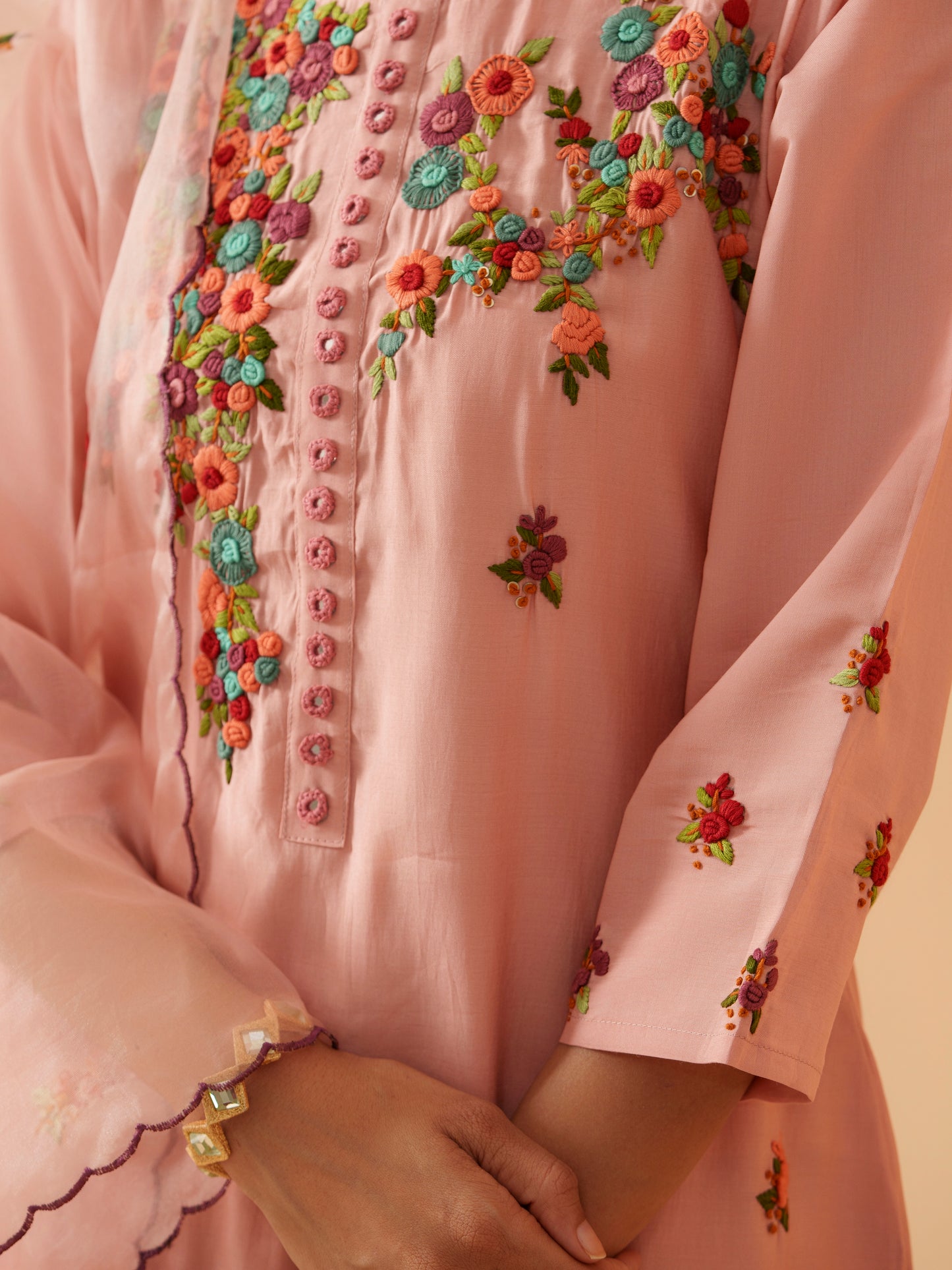 Embroidered Kurta With Trousers & Dupatta