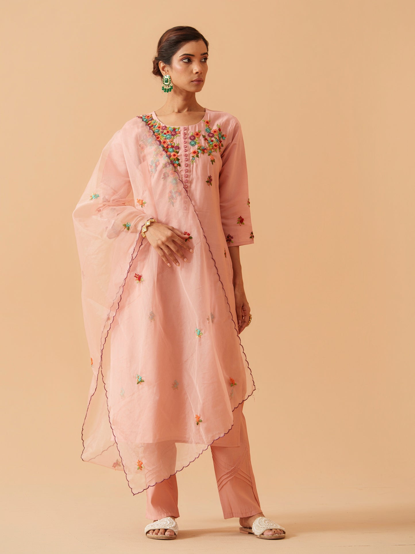 Embroidered Kurta With Trousers & Dupatta