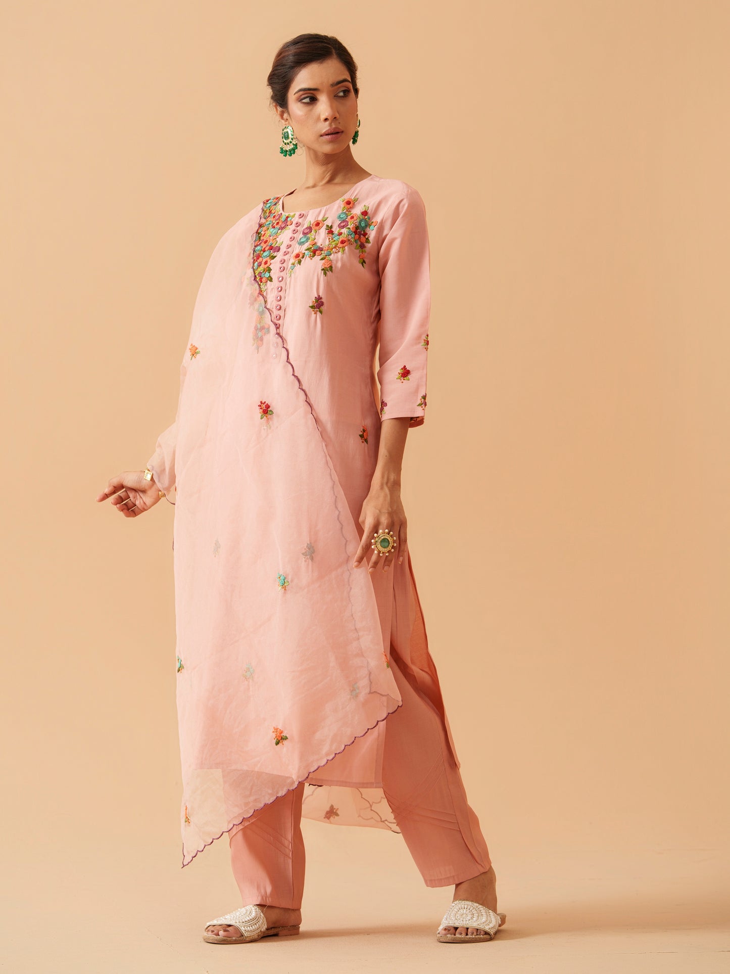 Embroidered Kurta With Trousers & Dupatta