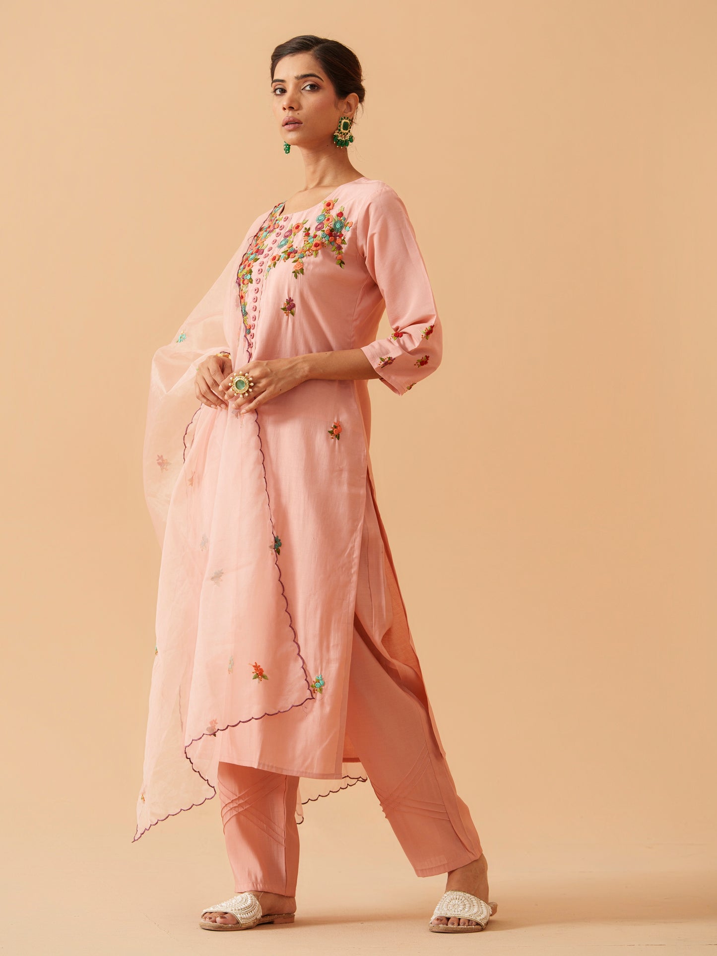 Embroidered Kurta With Trousers & Dupatta