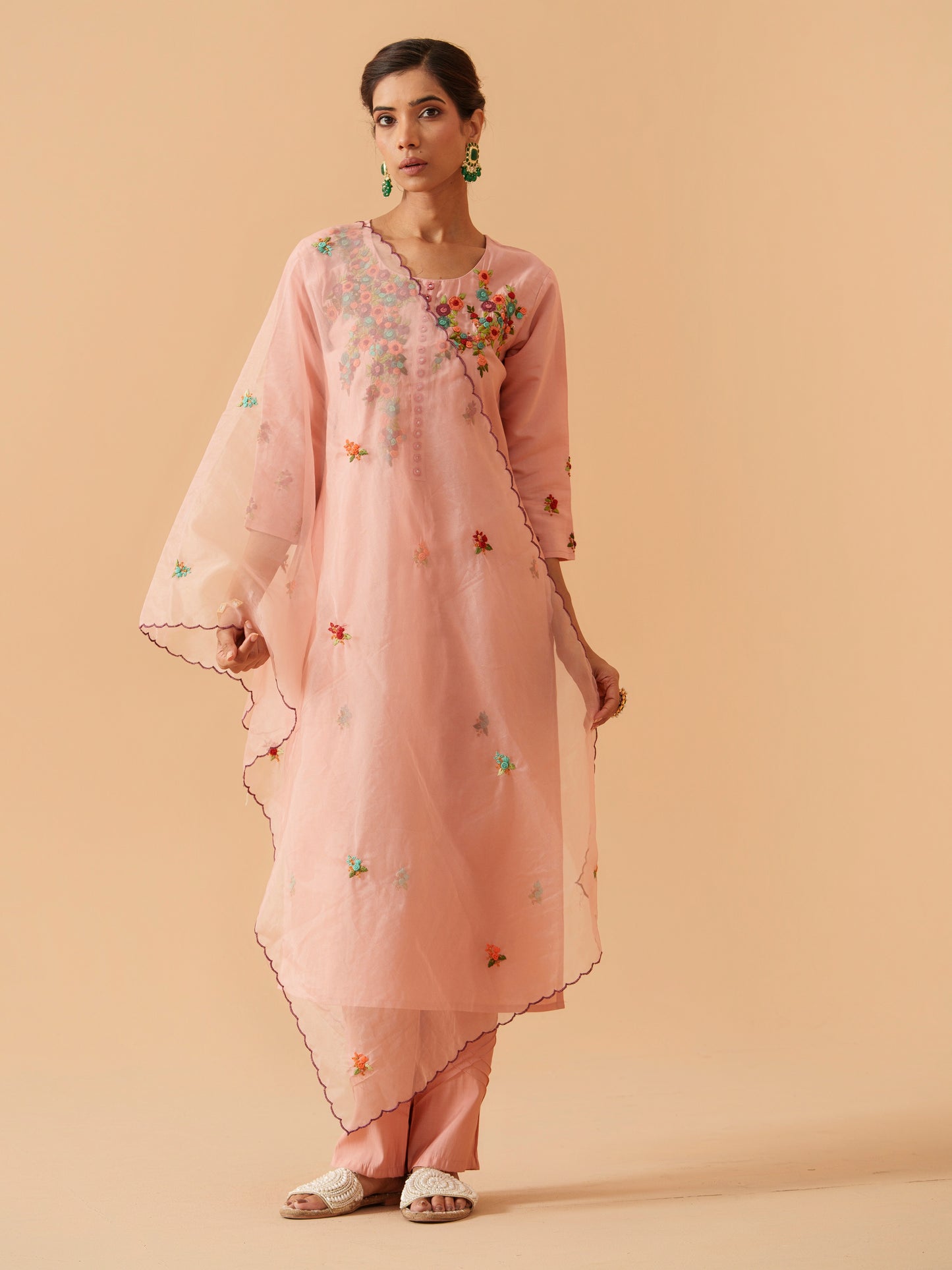 Embroidered Kurta With Trousers & Dupatta