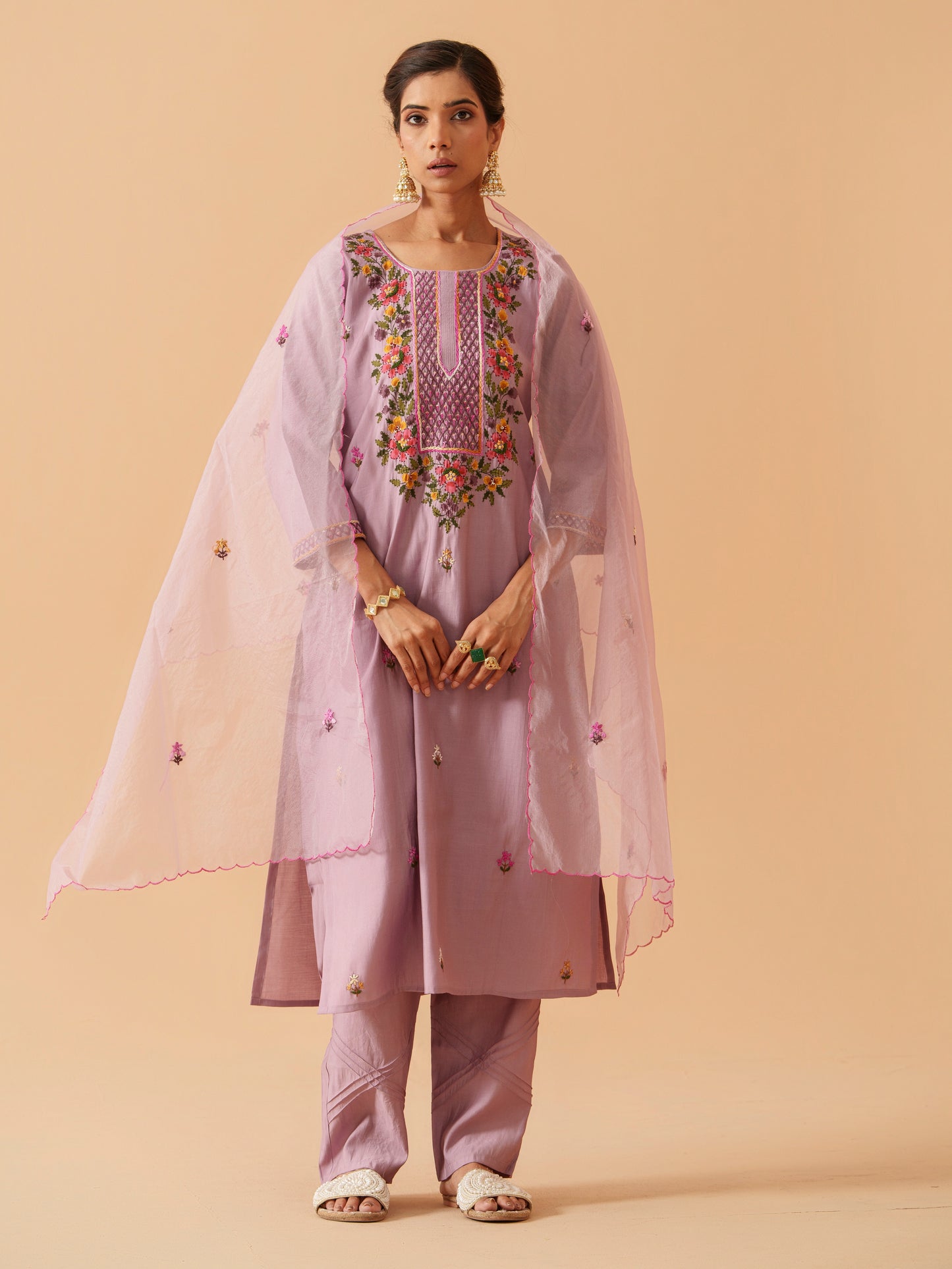 Embroidered Straight Kurta Trousers With Dupatta