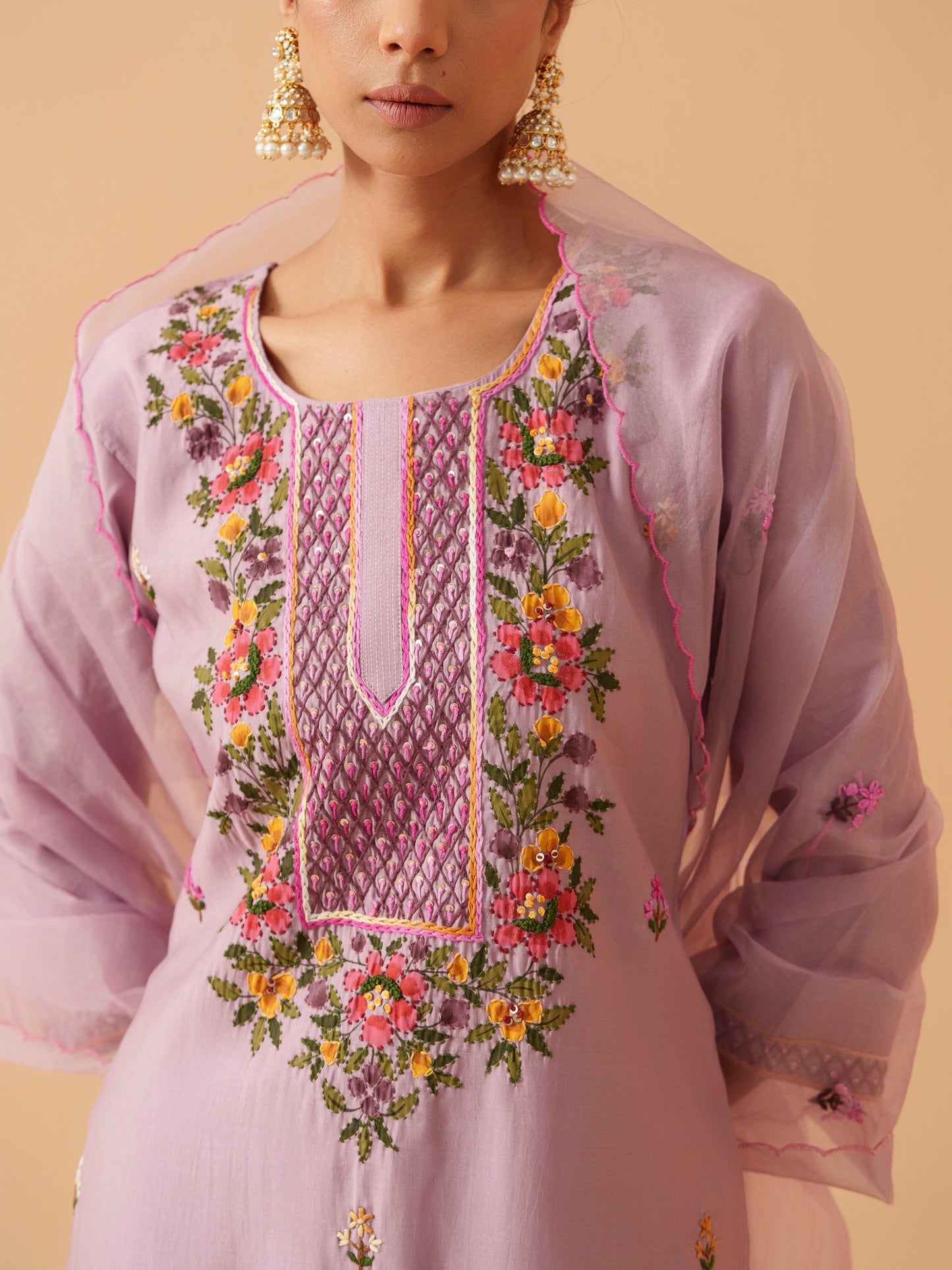 Embroidered Straight Kurta Trousers With Dupatta