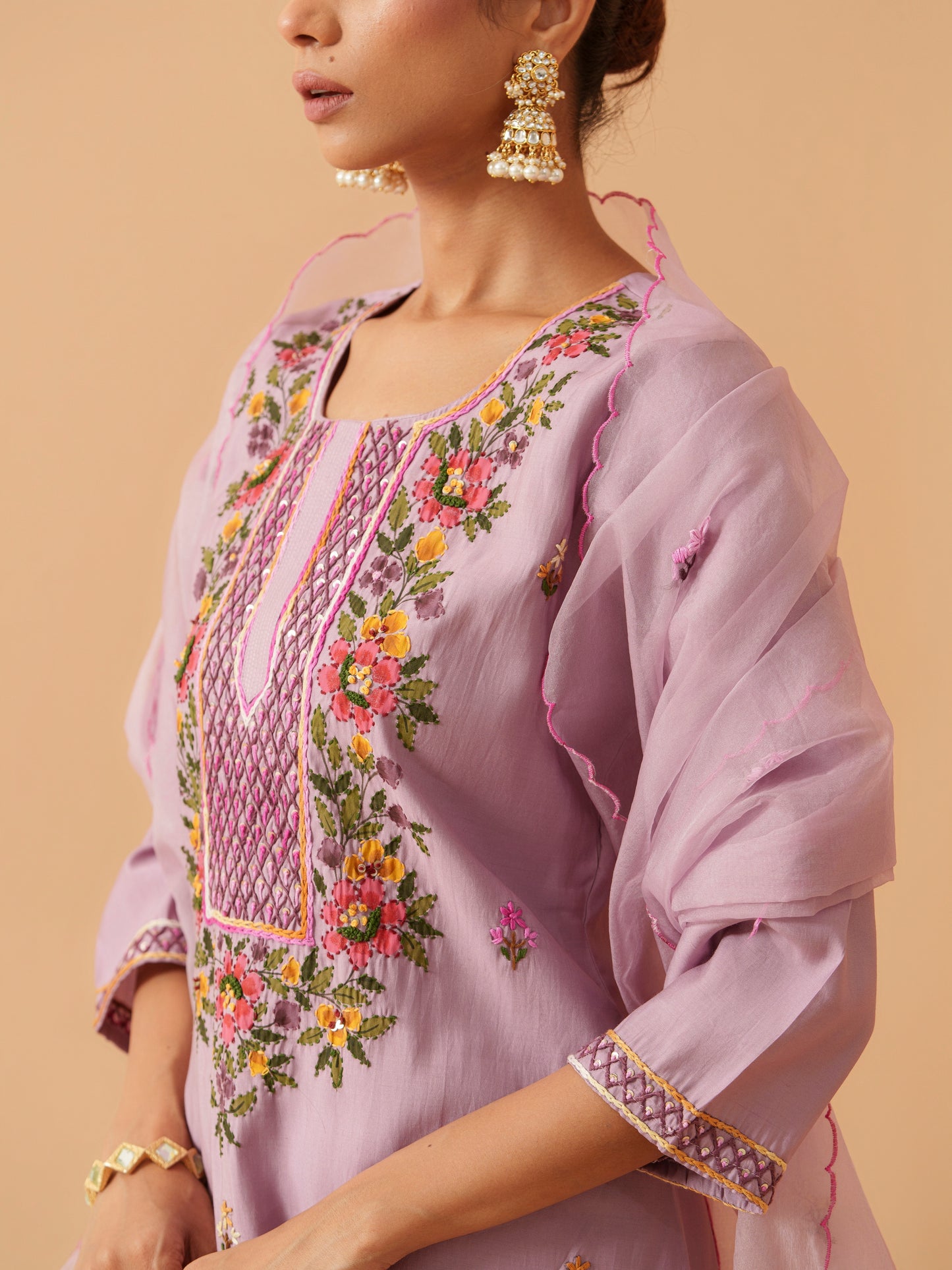 Embroidered Straight Kurta Trousers With Dupatta