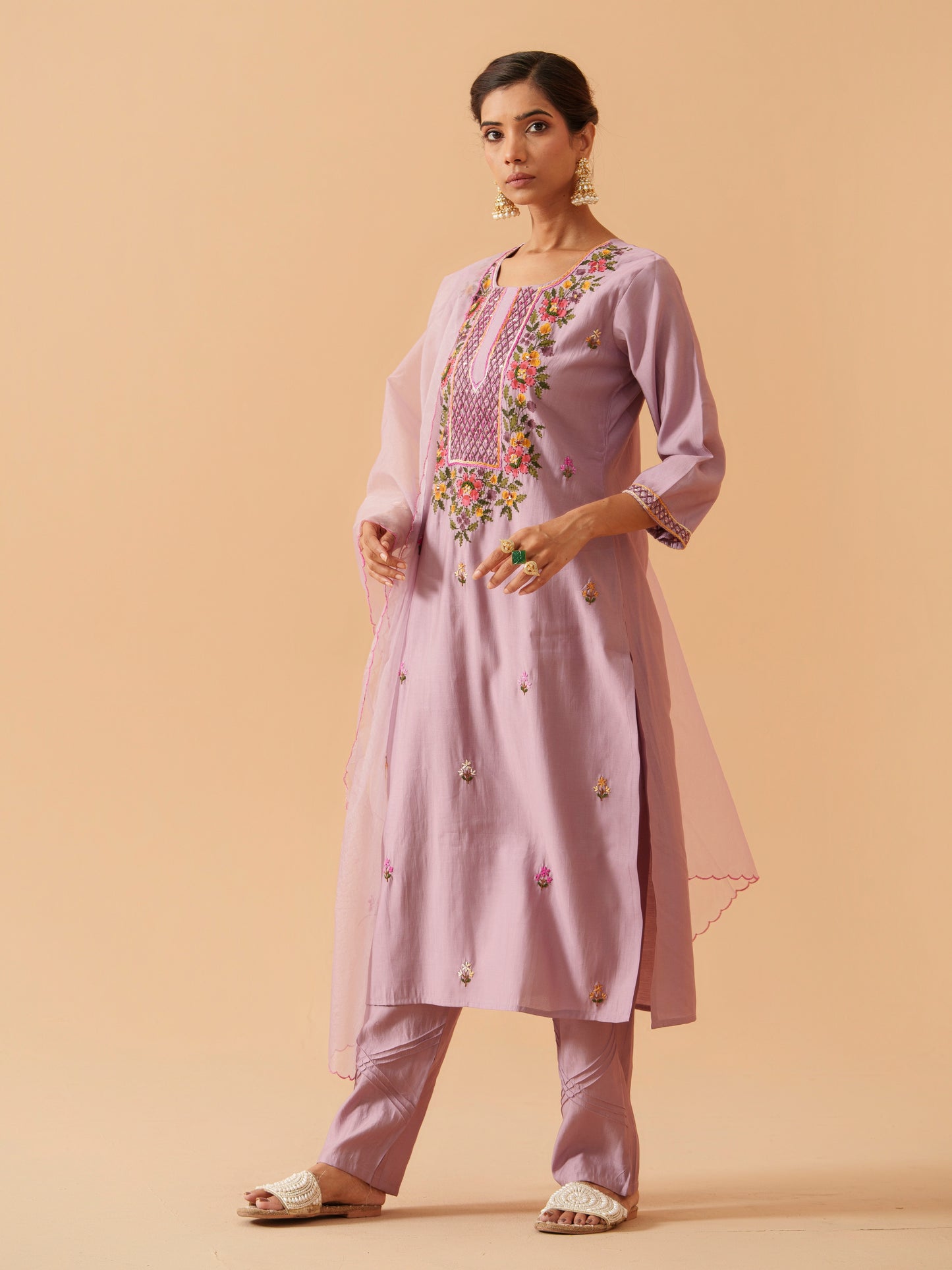 Embroidered Straight Kurta Trousers With Dupatta