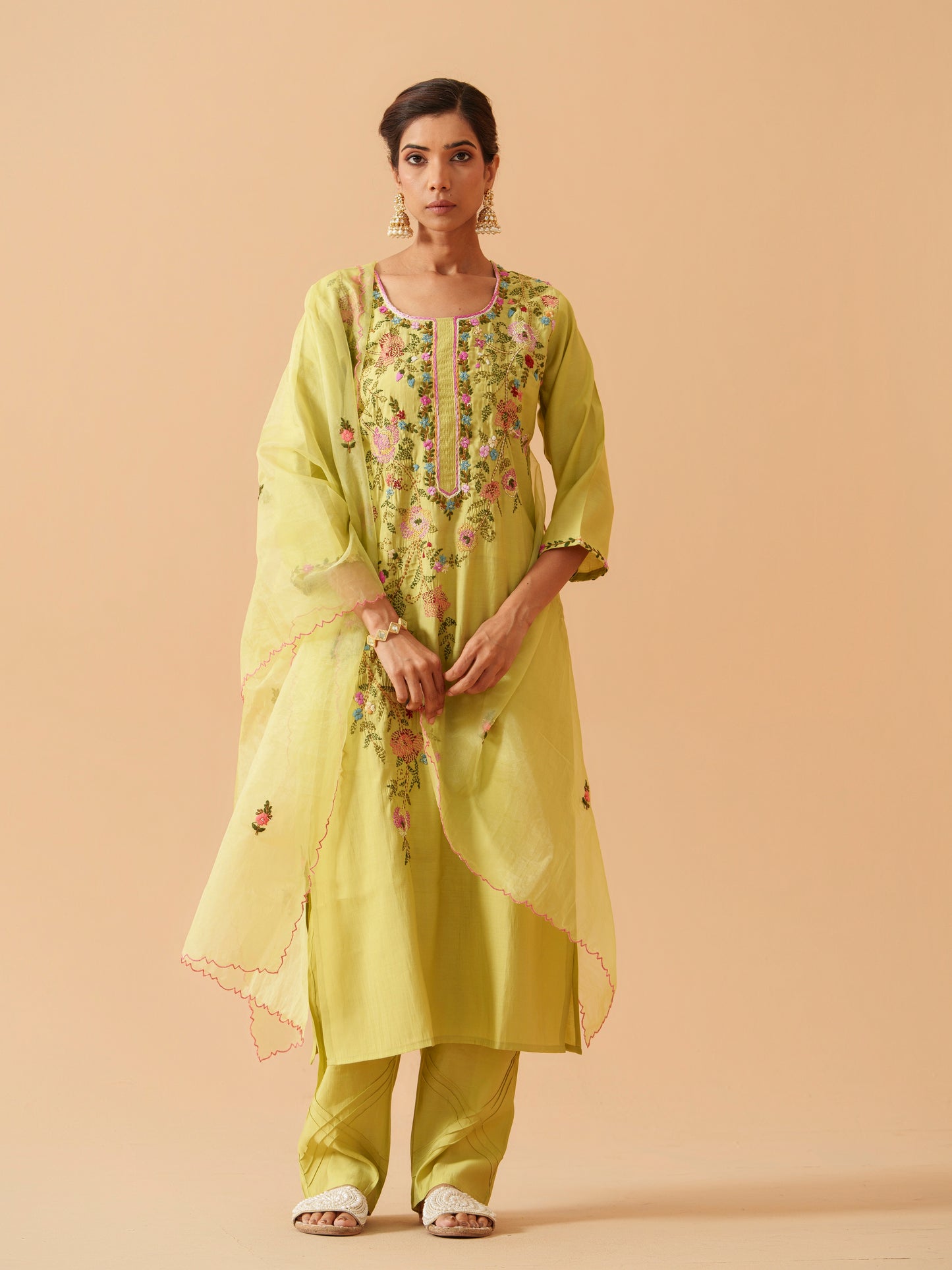 Round Neck Embroidered Kurta With Trousers & Dupatta