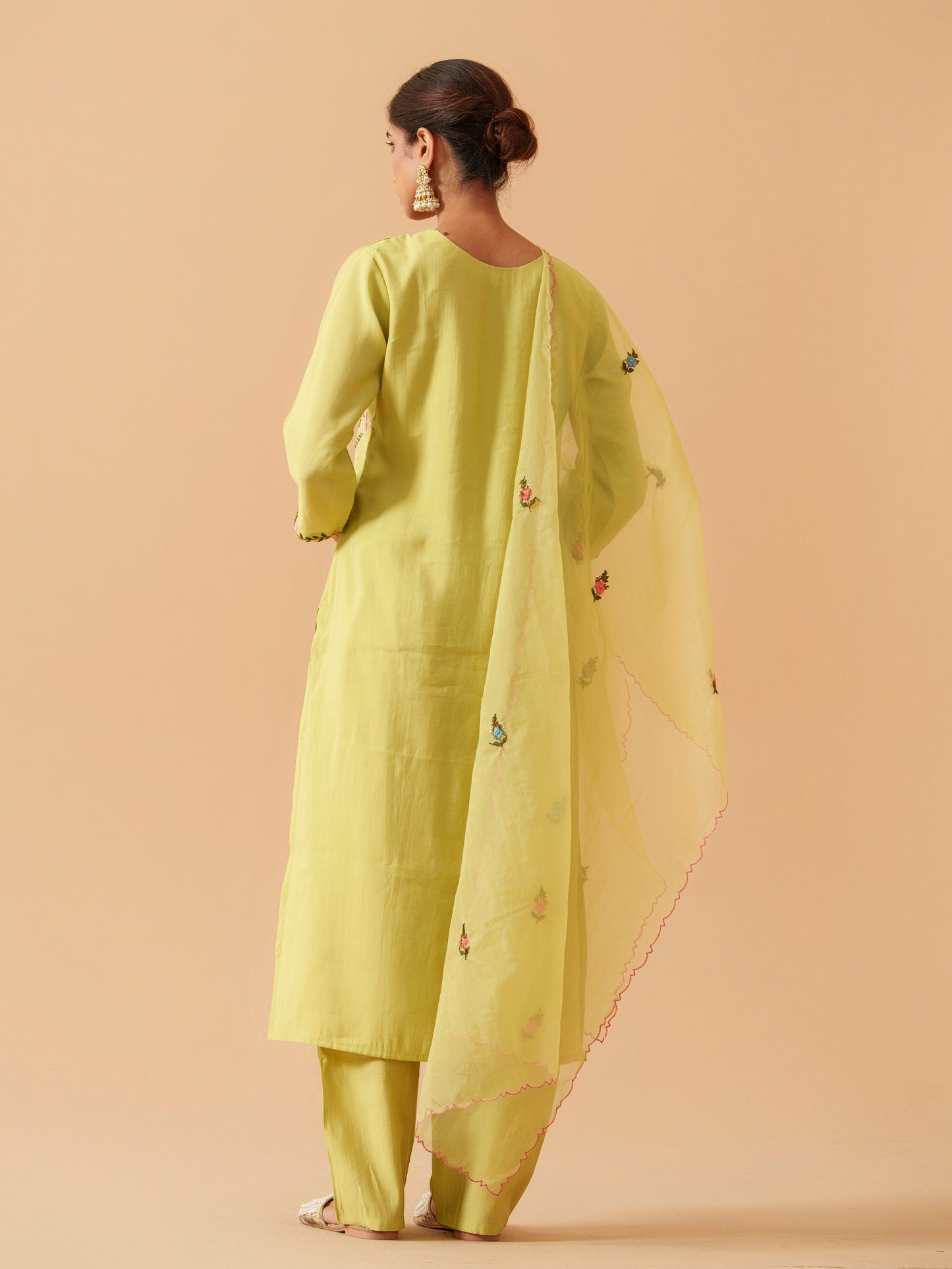 Round Neck Embroidered Kurta With Trousers & Dupatta