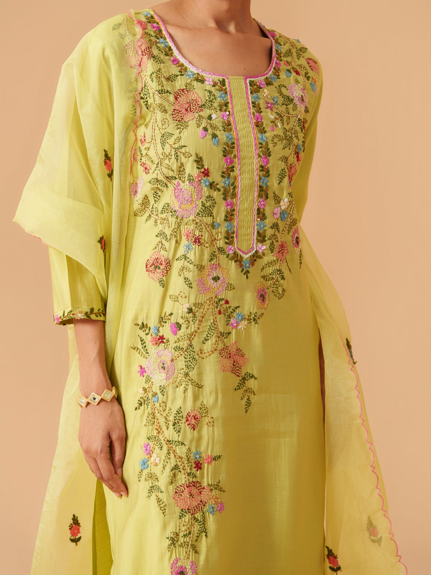Round Neck Embroidered Kurta With Trousers & Dupatta