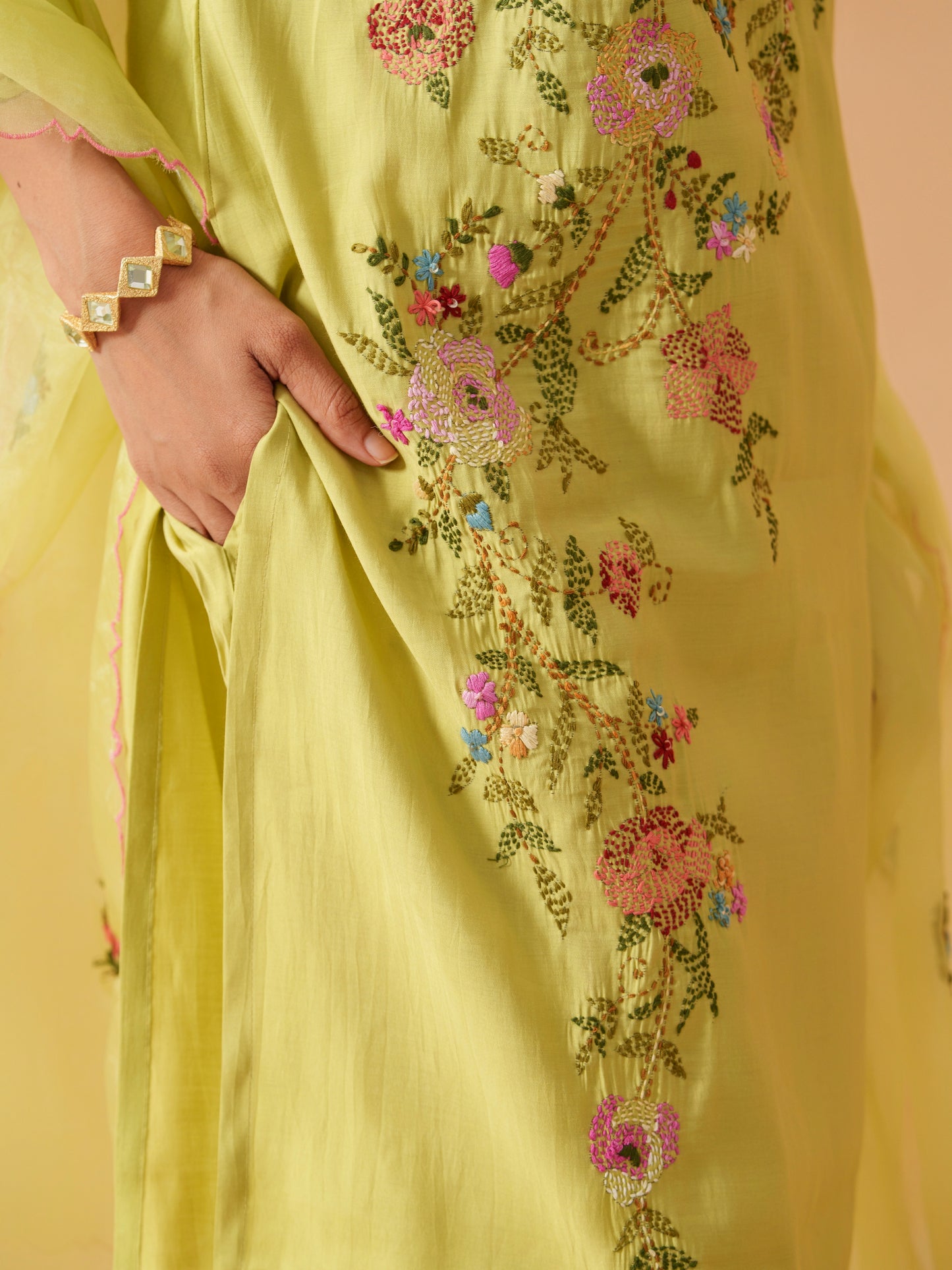 Round Neck Embroidered Kurta With Trousers & Dupatta