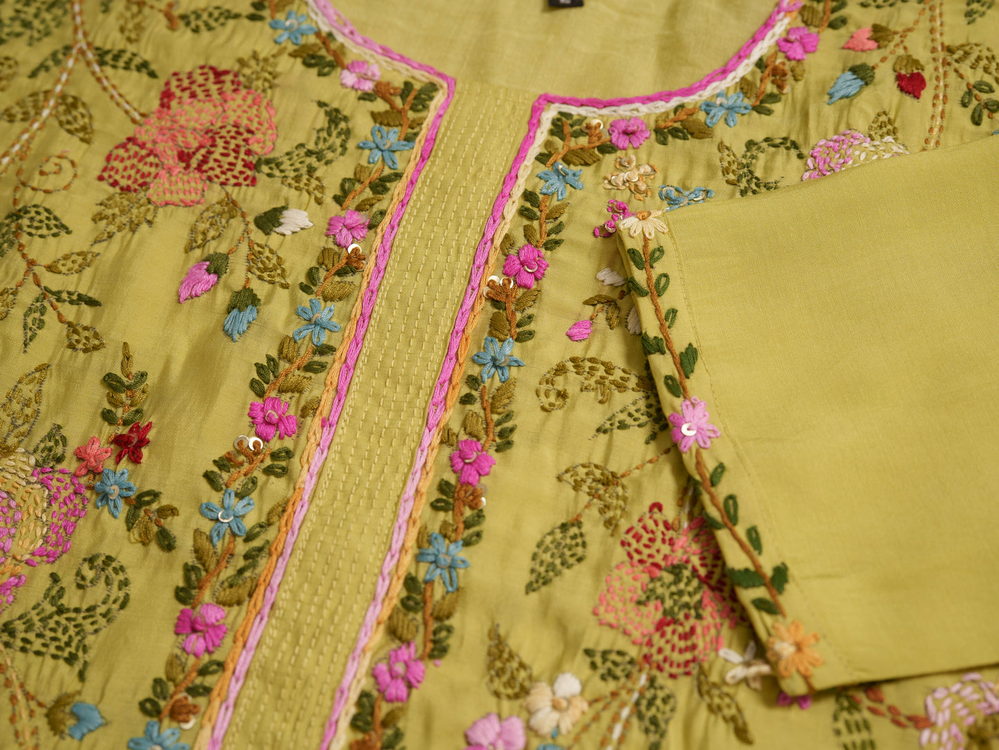 Round Neck Embroidered Kurta With Trousers & Dupatta