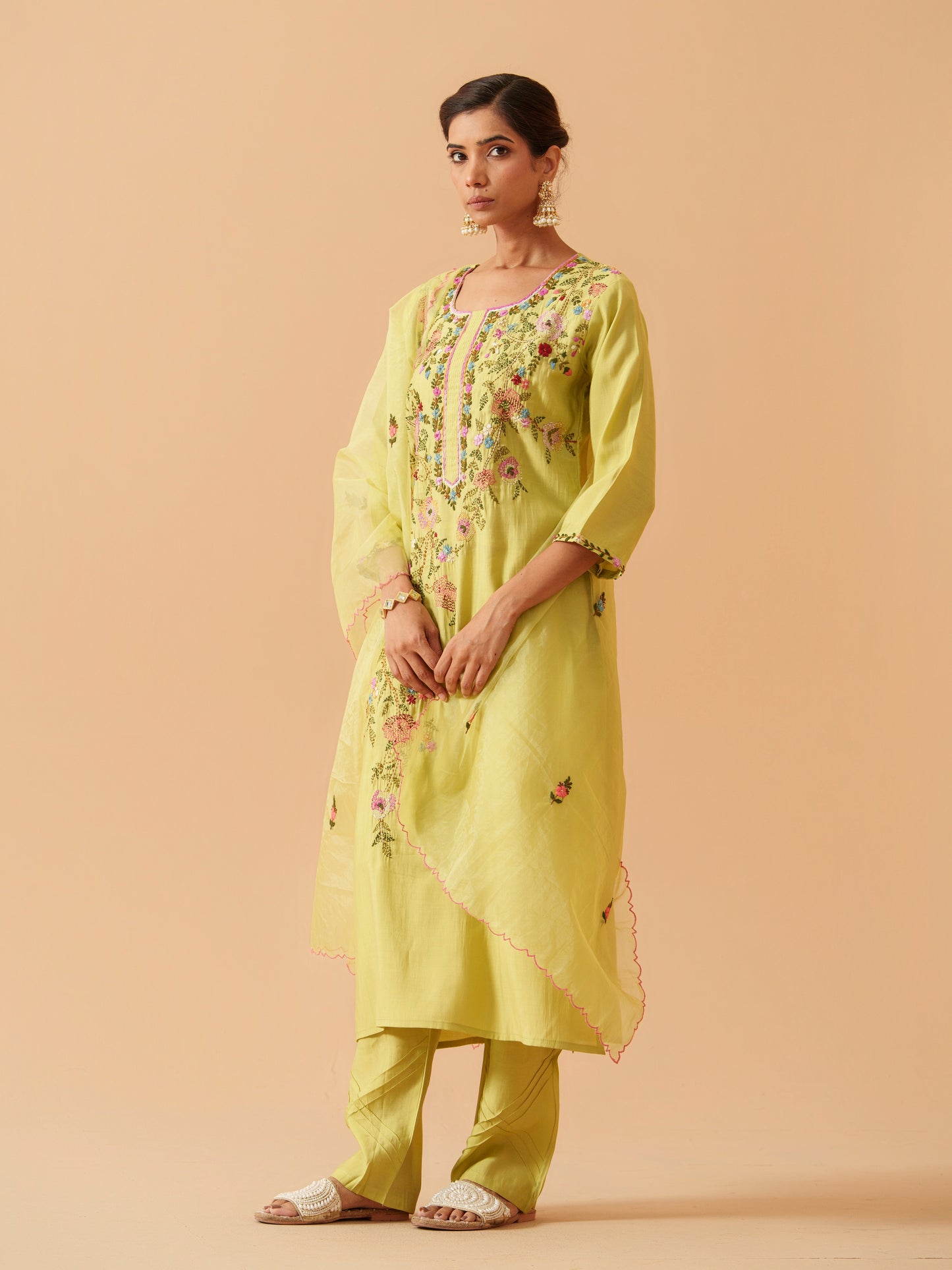 Round Neck Embroidered Kurta With Trousers & Dupatta