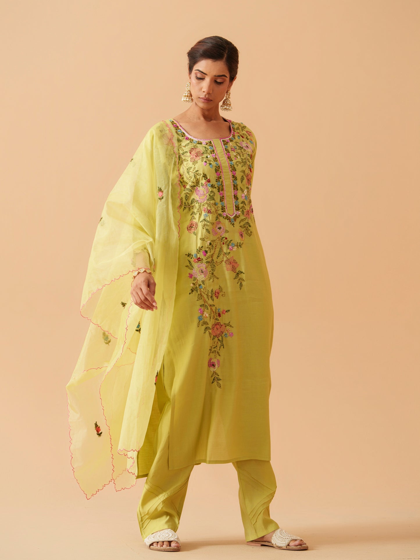 Round Neck Embroidered Kurta With Trousers & Dupatta