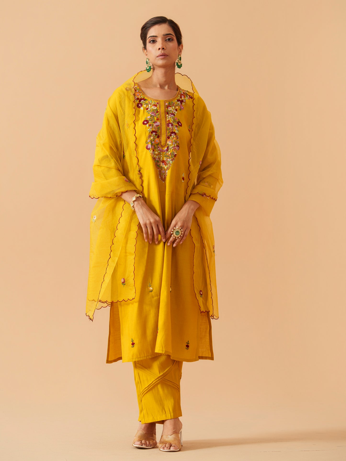 Embroidered Kurta With Trousers & Dupatta