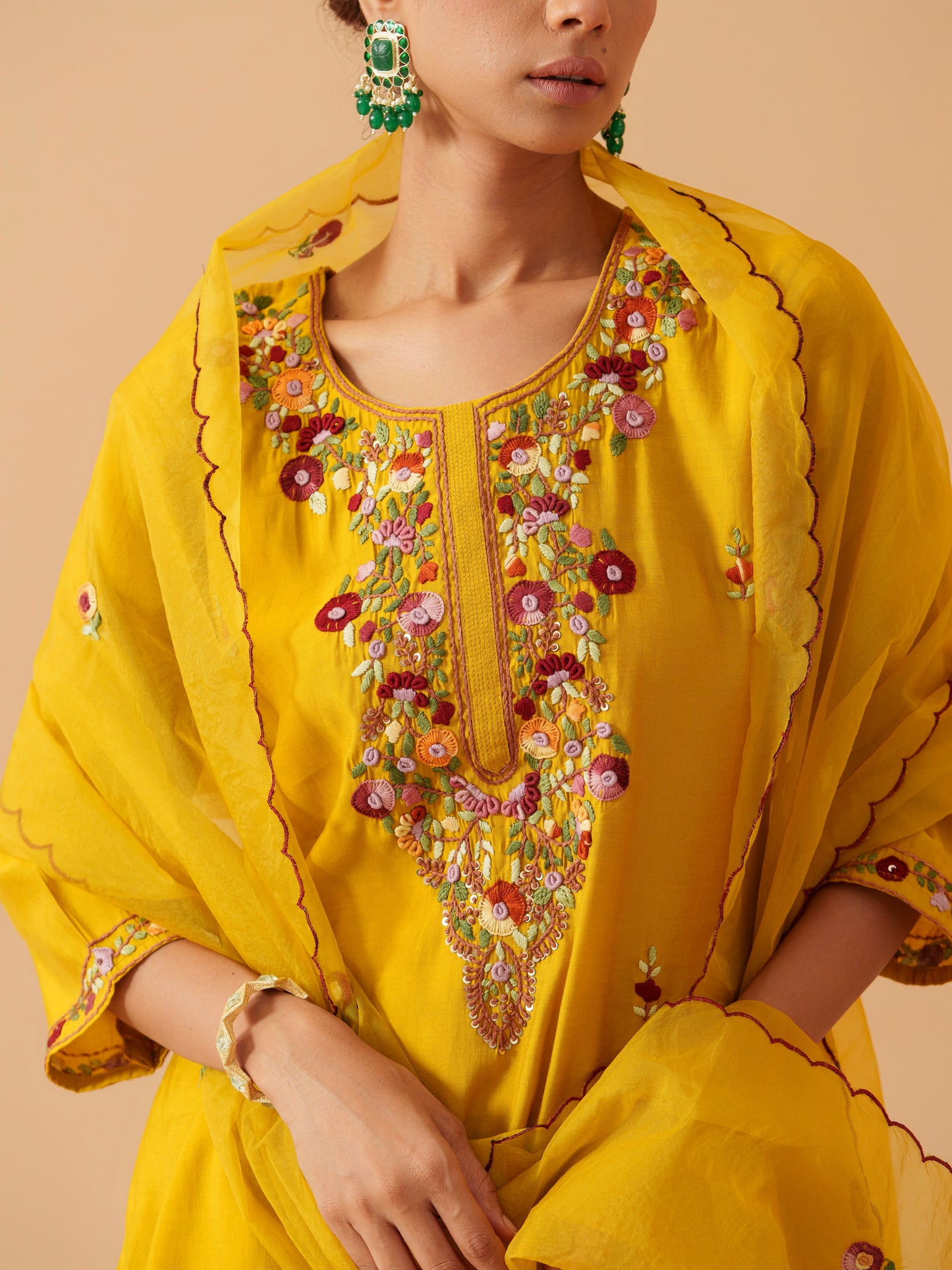 Embroidered Kurta With Trousers & Dupatta