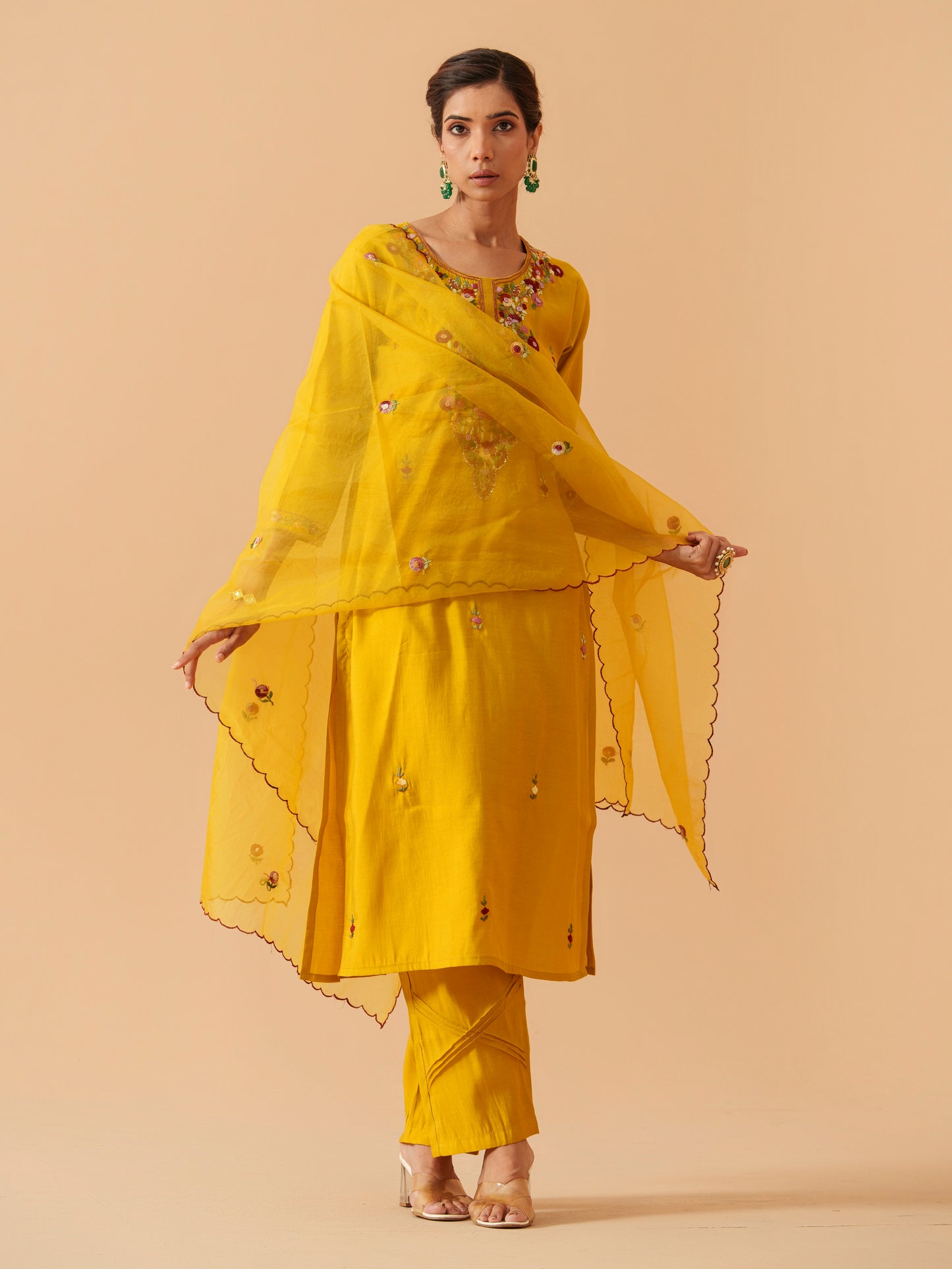 Embroidered Kurta With Trousers & Dupatta