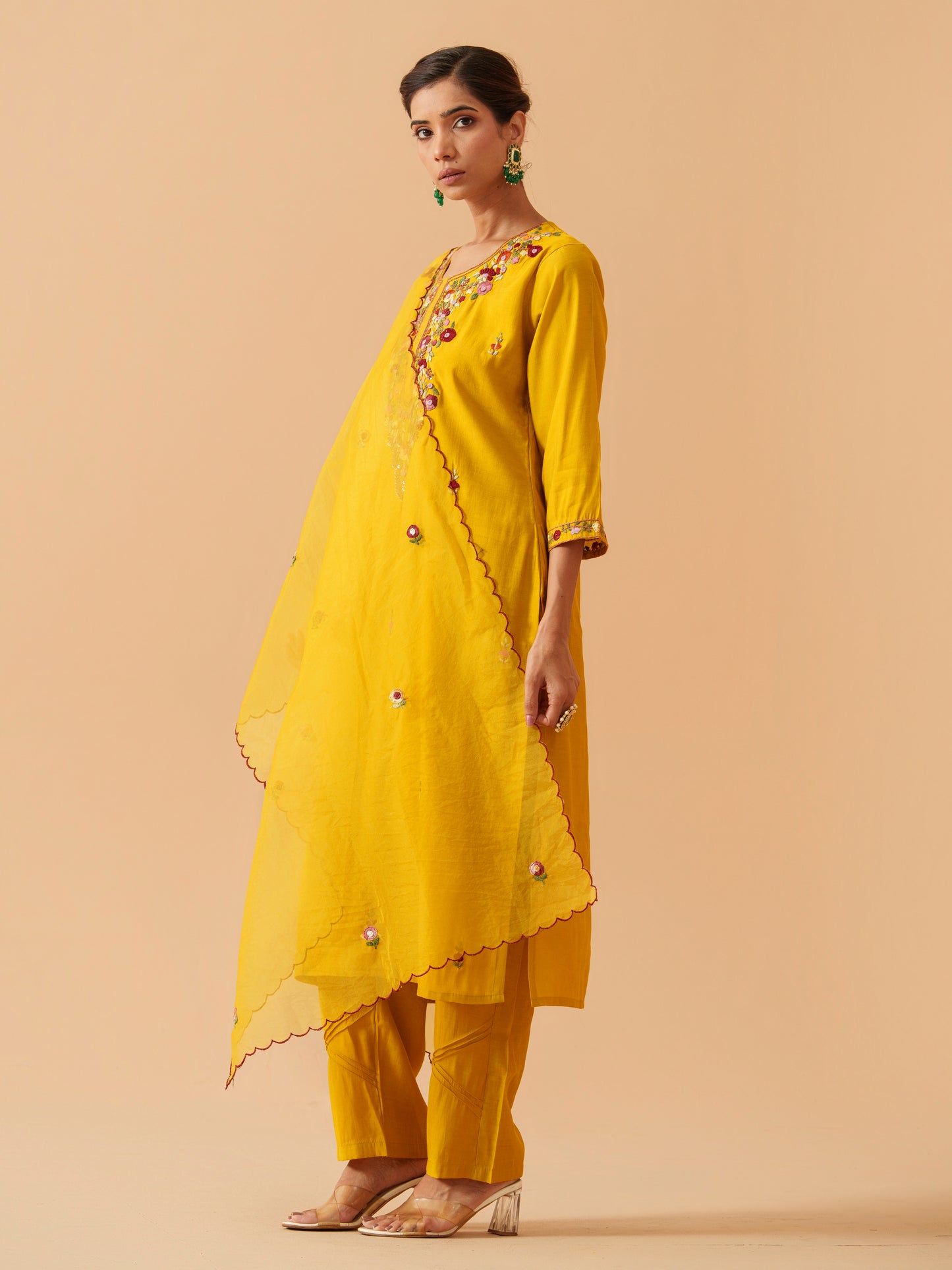Embroidered Kurta With Trousers & Dupatta