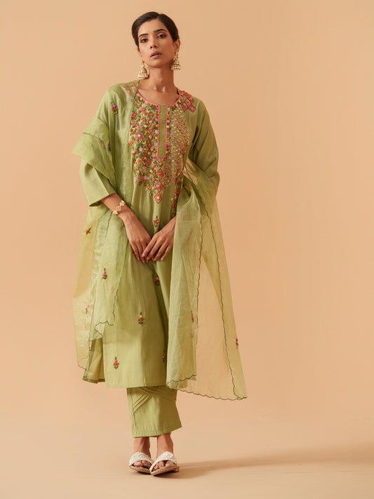 Embroidered Straight Kurta With Trousers & Dupatta