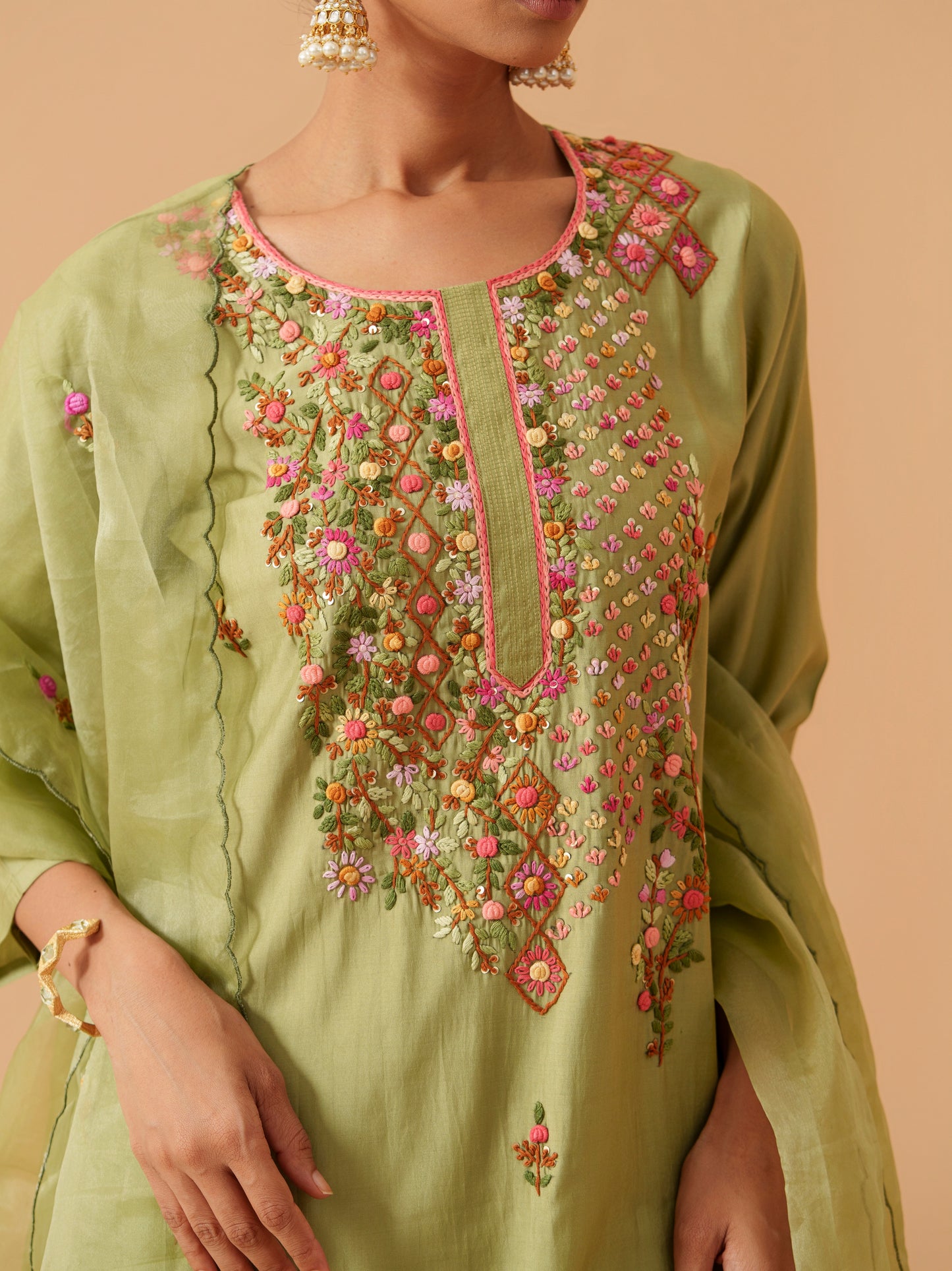 Embroidered Straight Kurta With Trousers & Dupatta