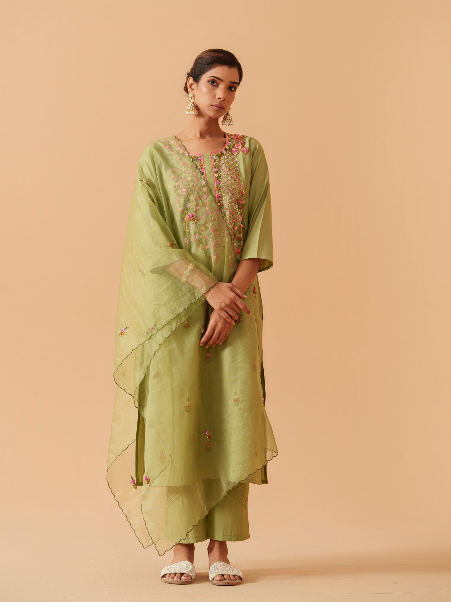 Embroidered Straight Kurta With Trousers & Dupatta