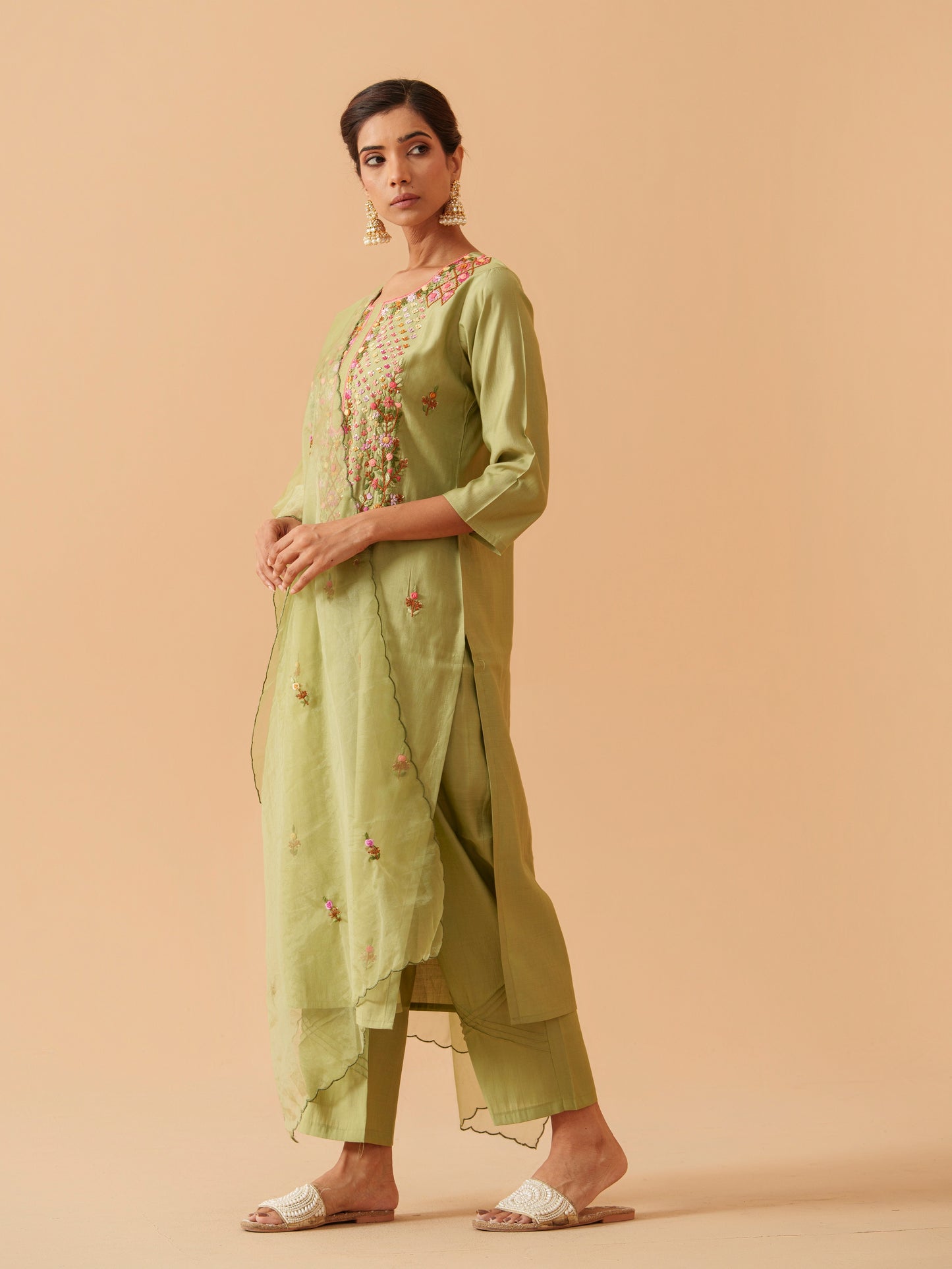 Embroidered Straight Kurta With Trousers & Dupatta