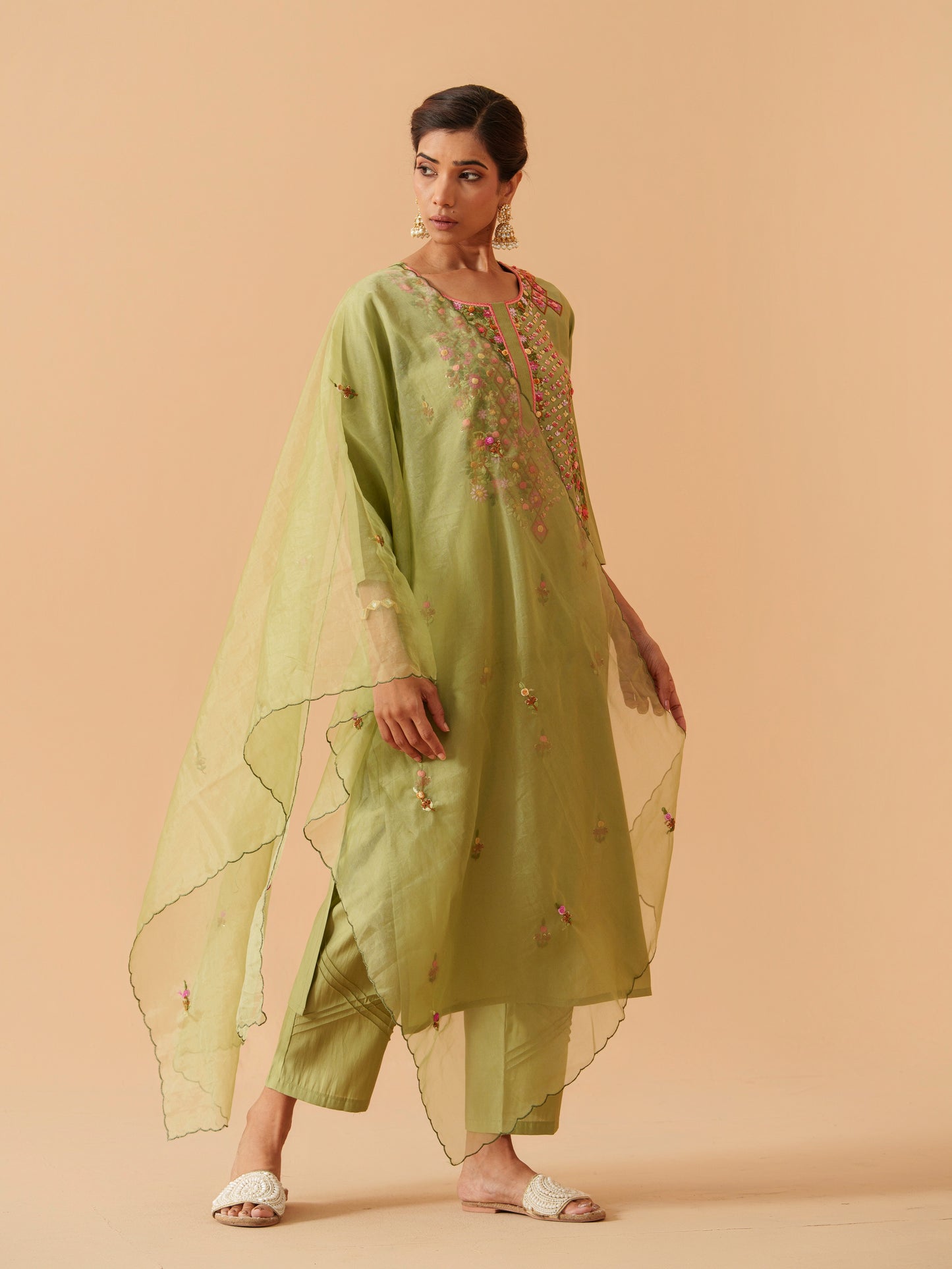 Embroidered Straight Kurta With Trousers & Dupatta