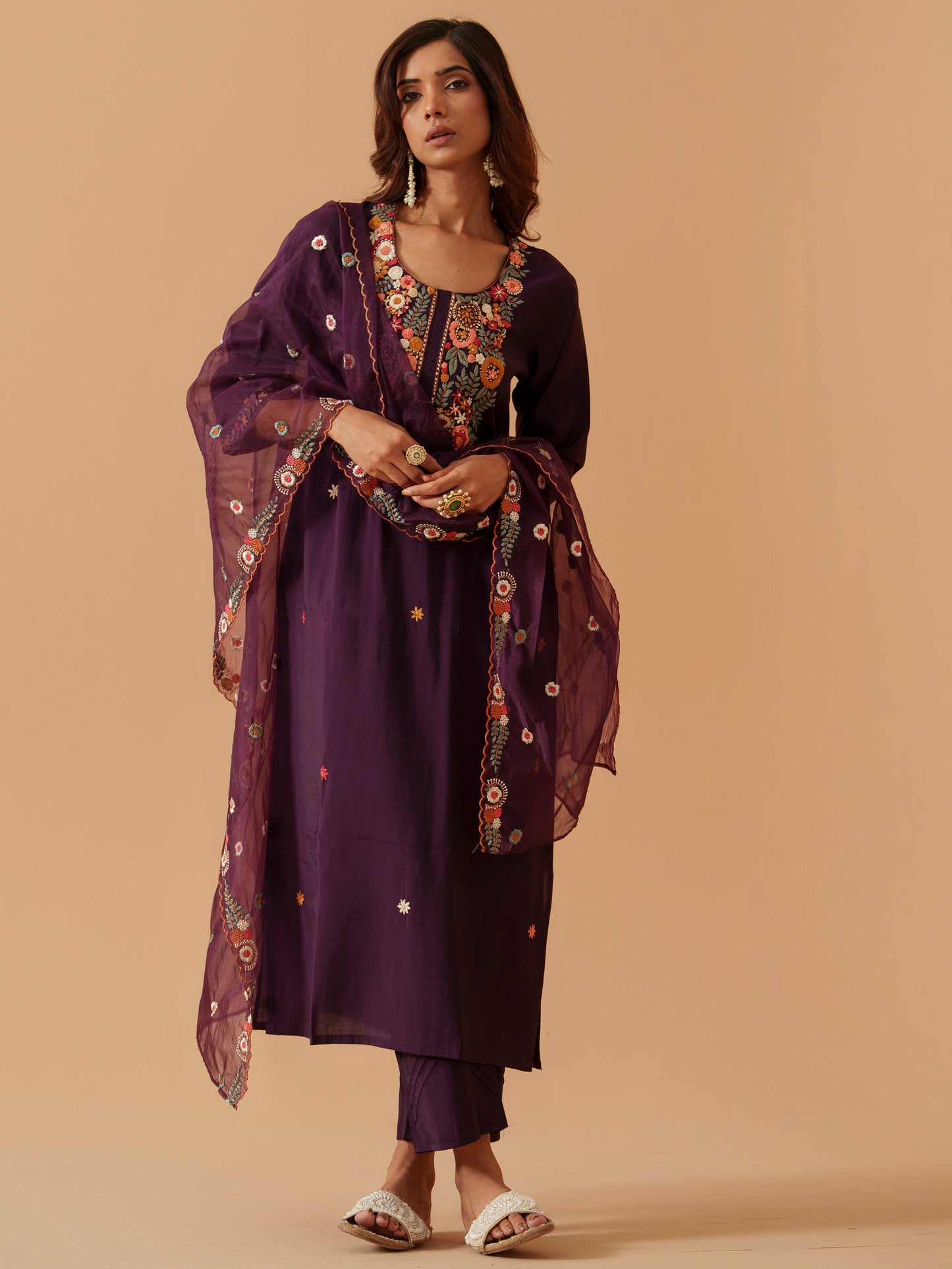 Embroidered Straight Kurta Trousers With Dupatta
