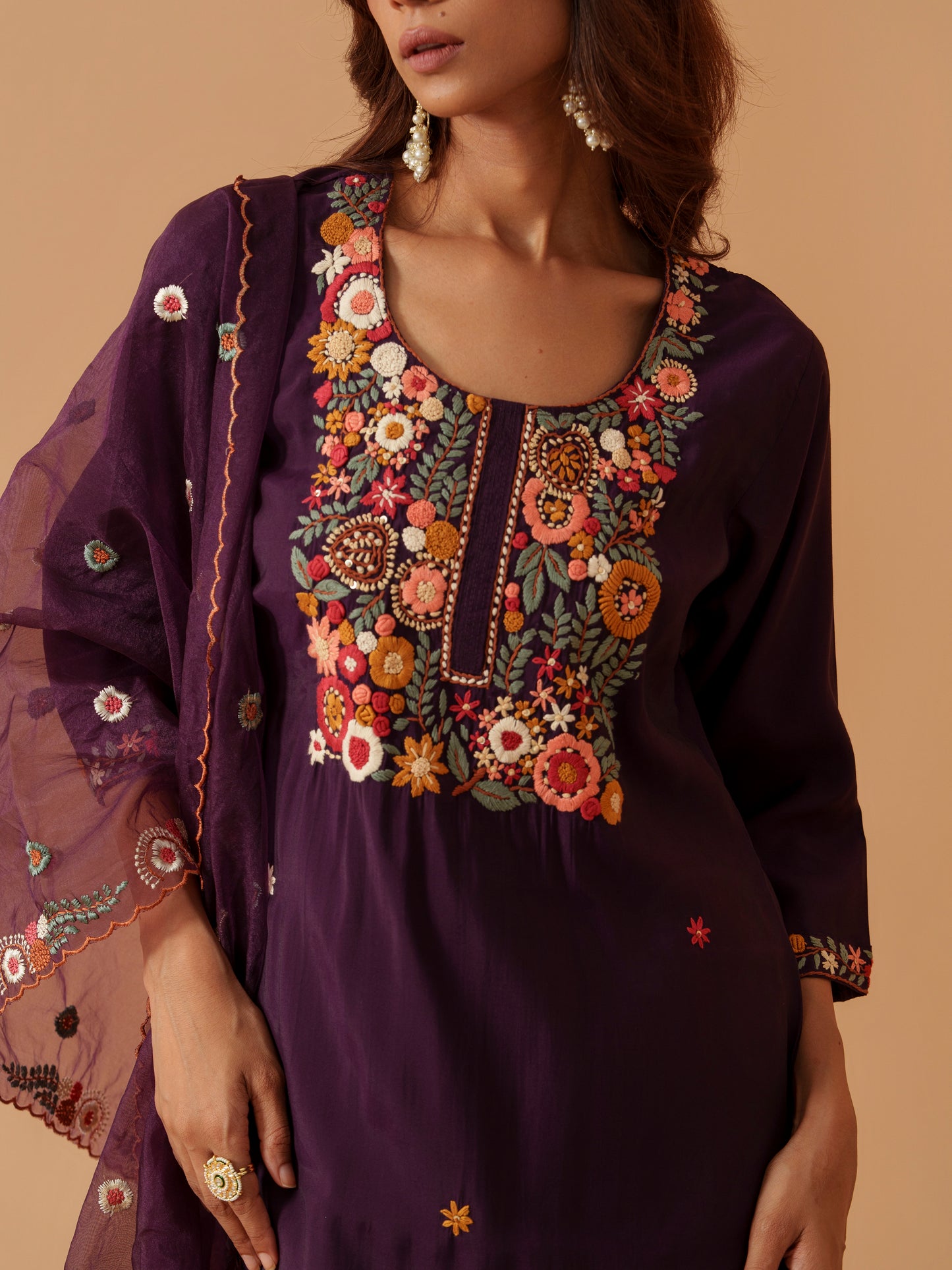Embroidered Straight Kurta Trousers With Dupatta