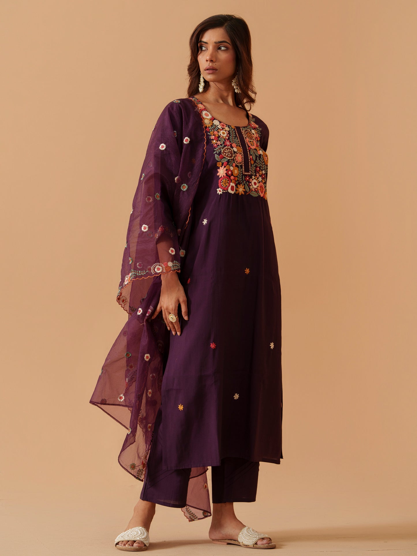 Embroidered Straight Kurta Trousers With Dupatta