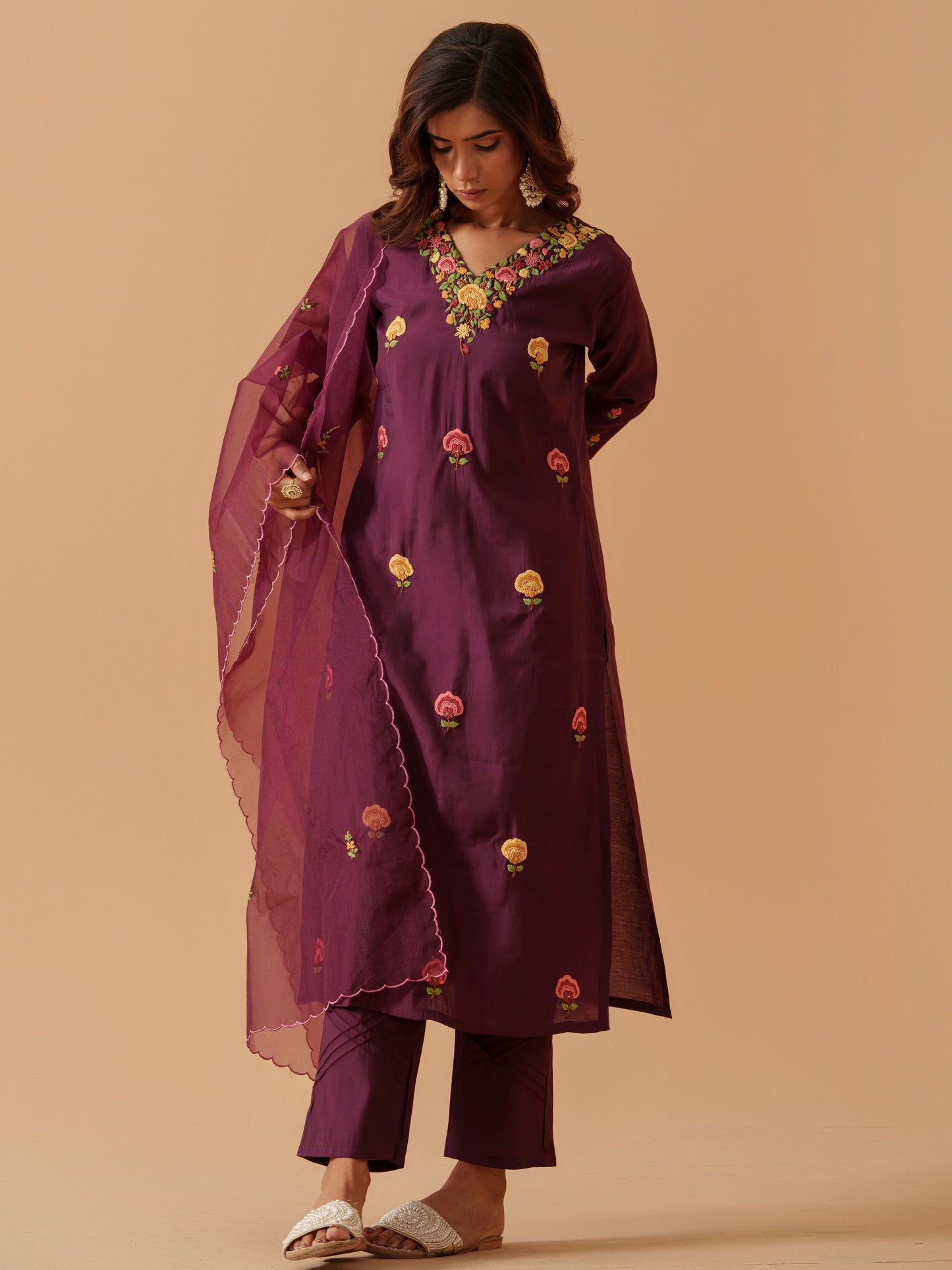 Embroidered Kurta With Trousers & Dupatta