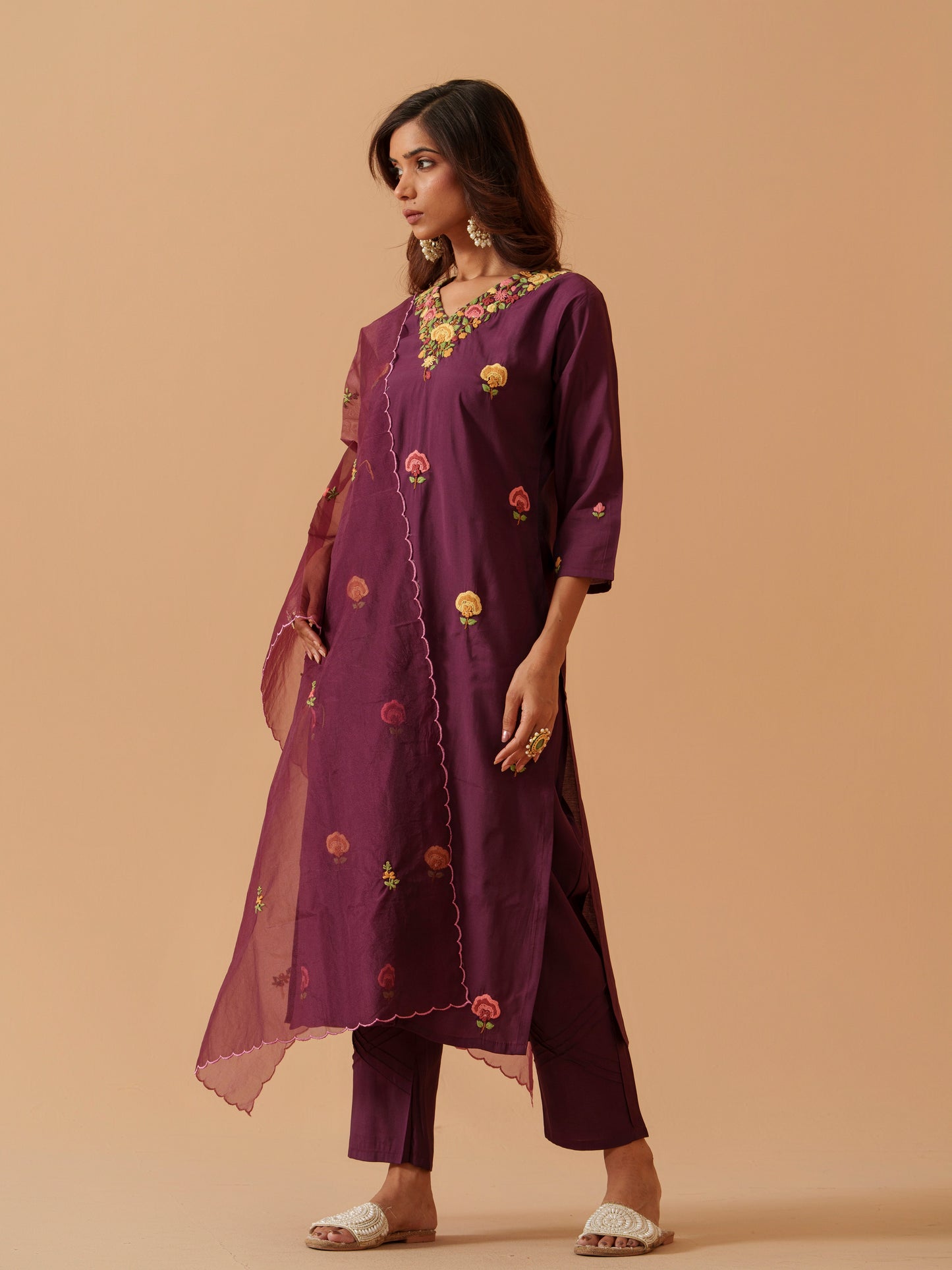 Embroidered Kurta With Trousers & Dupatta