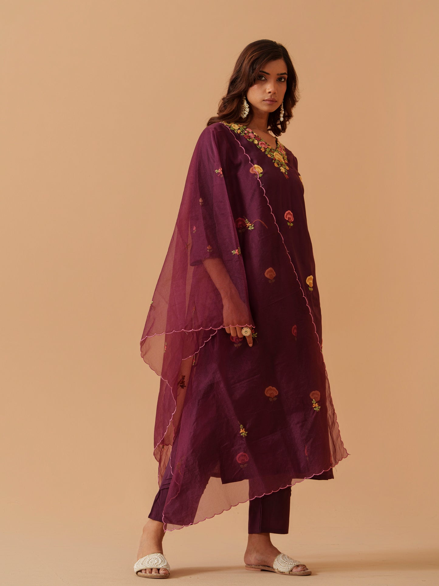 Embroidered Kurta With Trousers & Dupatta