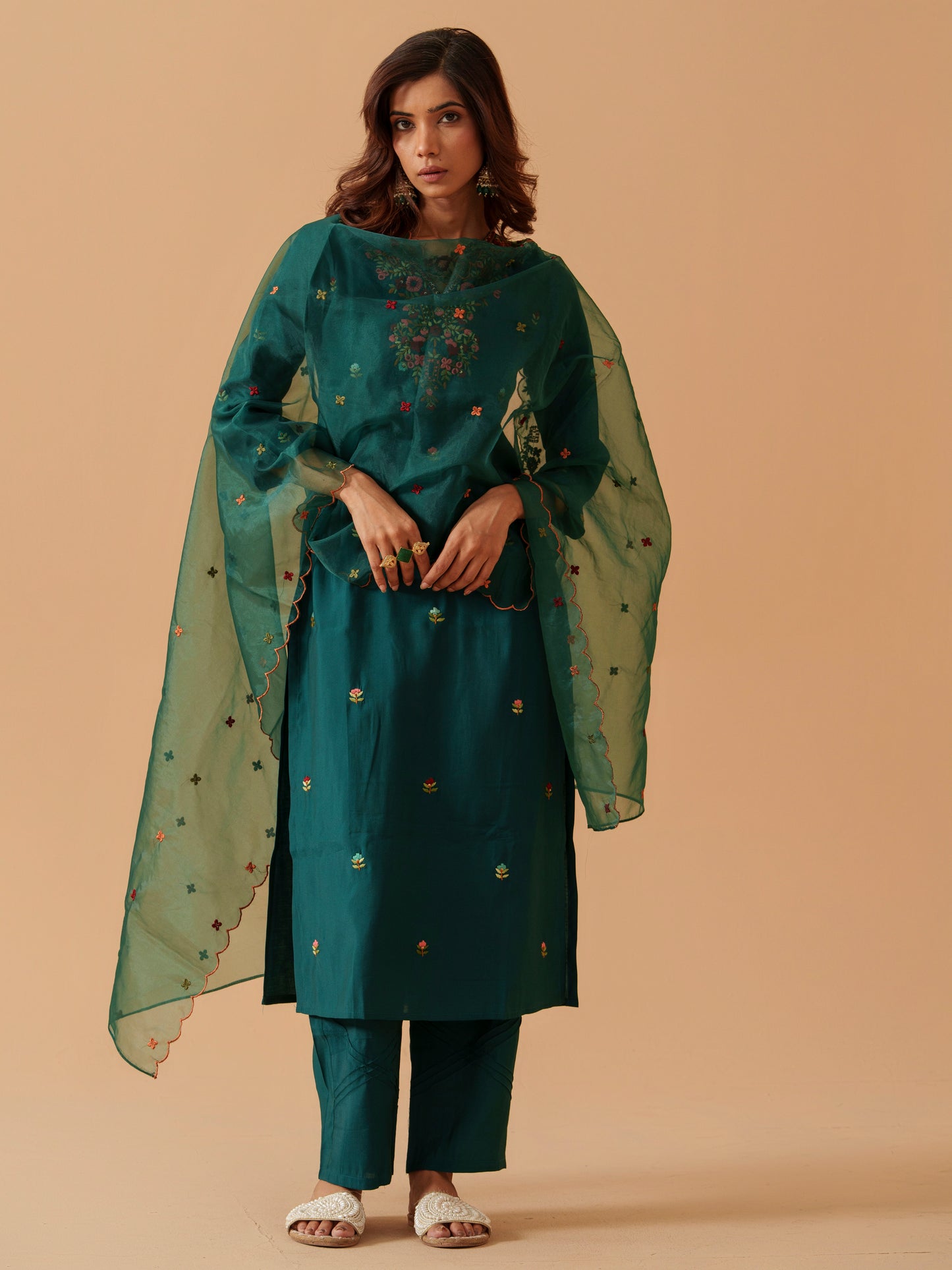 Women V-Neck Embroidered Kurta With Trousers & Dupatta