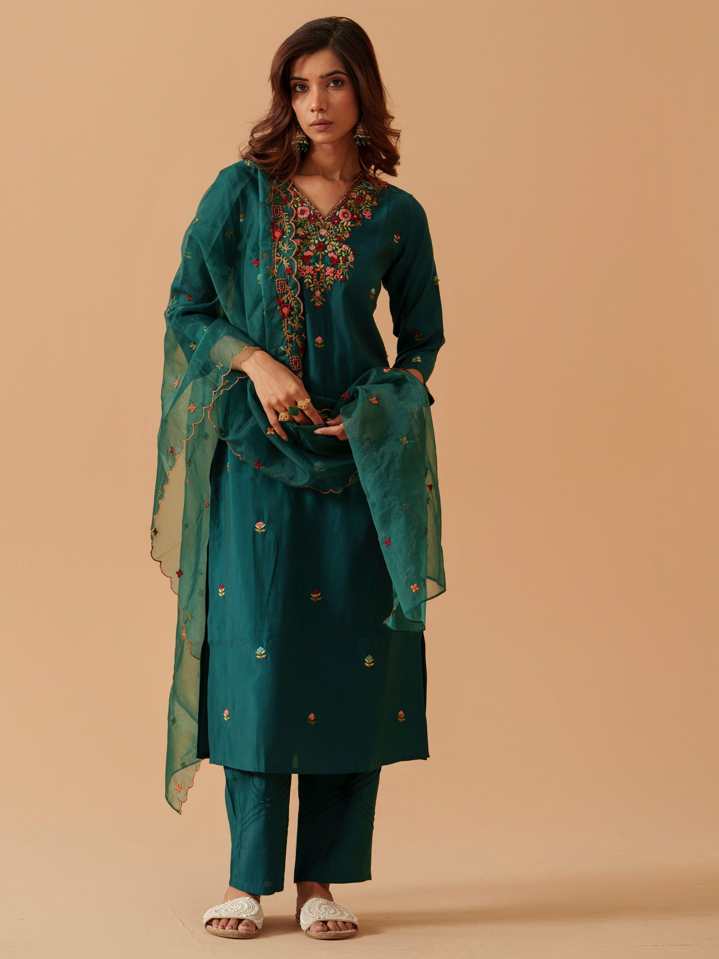 Women V-Neck Embroidered Kurta With Trousers & Dupatta