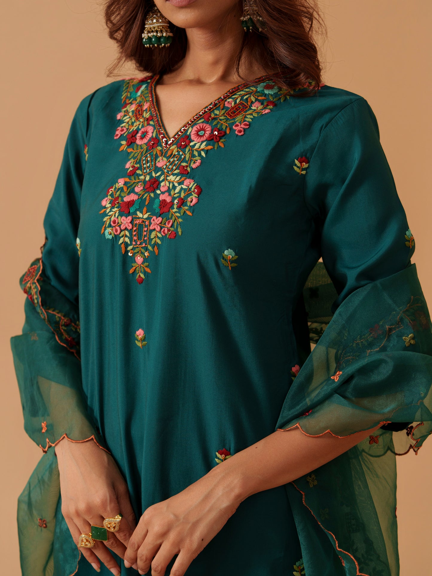 Women V-Neck Embroidered Kurta With Trousers & Dupatta