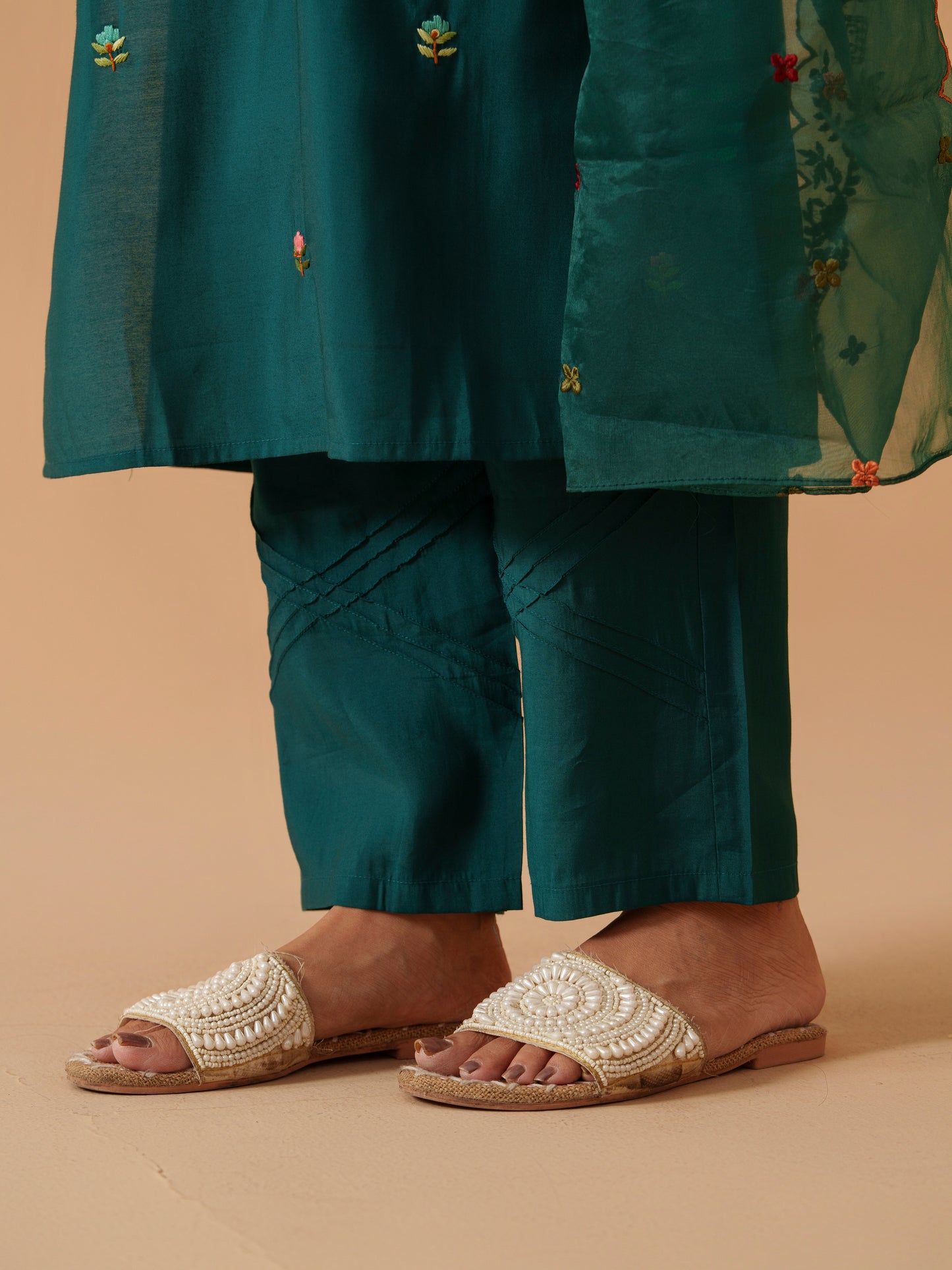 Women V-Neck Embroidered Kurta With Trousers & Dupatta