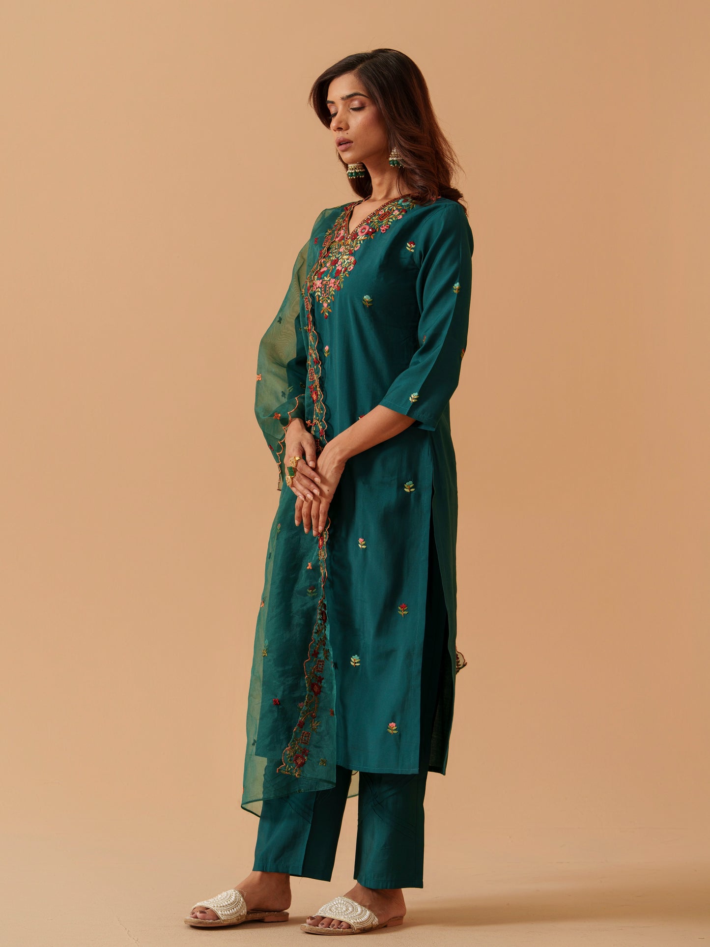 Women V-Neck Embroidered Kurta With Trousers & Dupatta