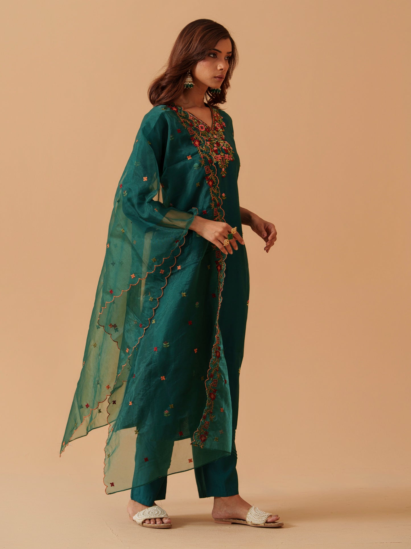 Women V-Neck Embroidered Kurta With Trousers & Dupatta