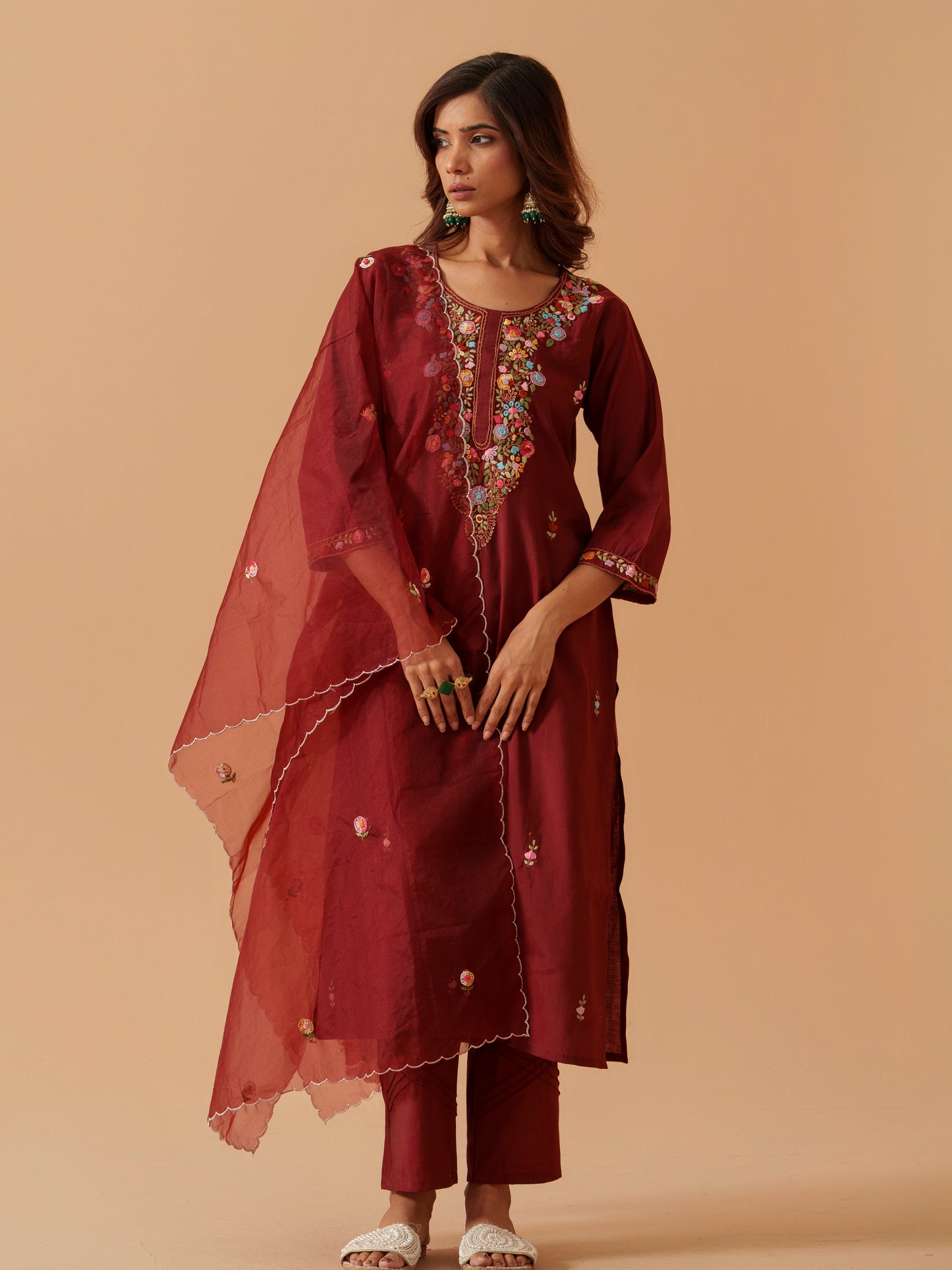 Embroidered Straight Kurta Trousers With Dupatta