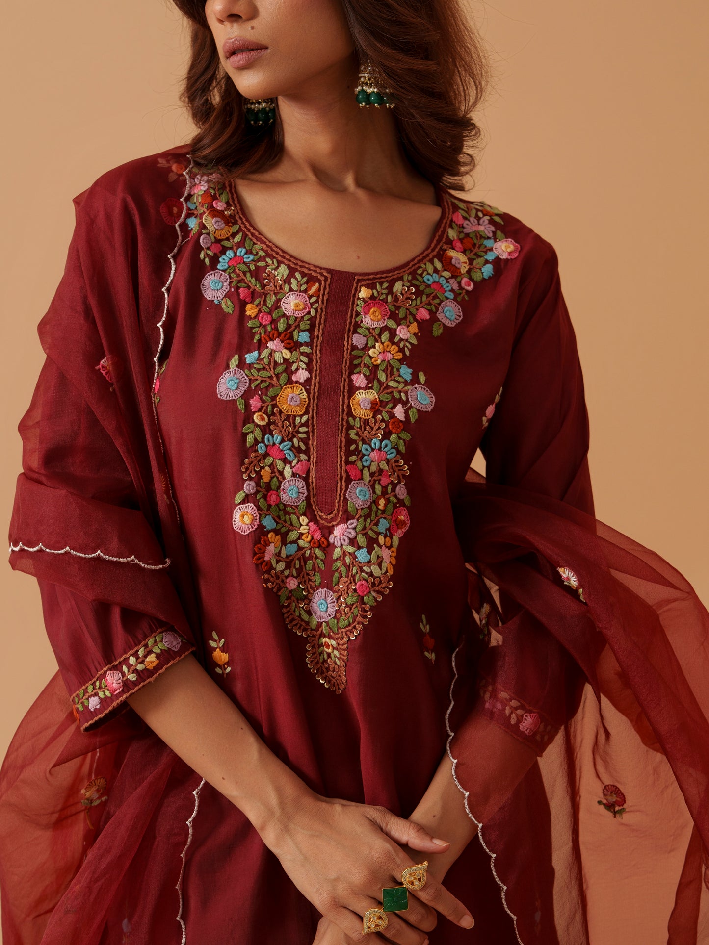 Embroidered Straight Kurta Trousers With Dupatta