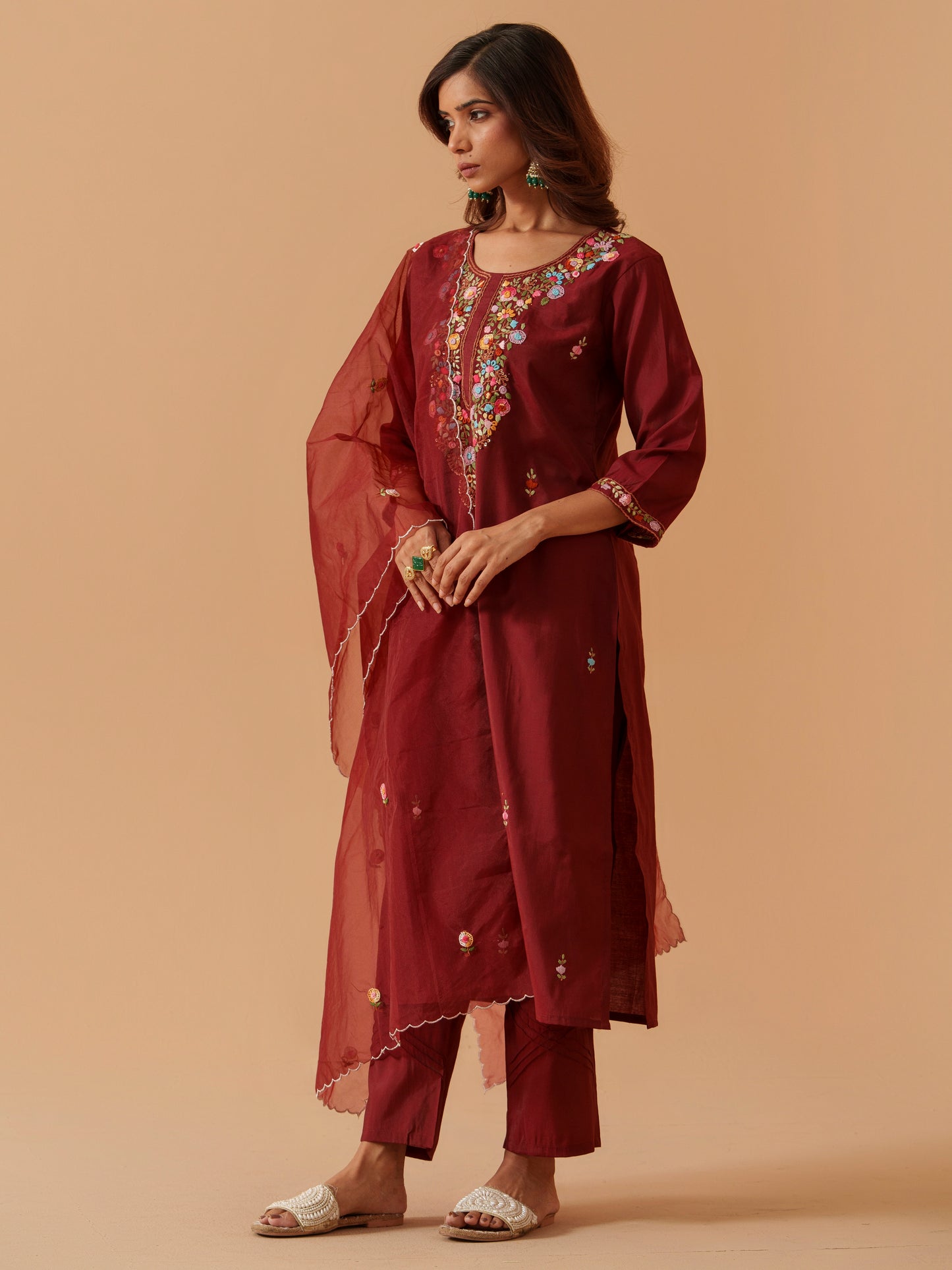Embroidered Straight Kurta Trousers With Dupatta