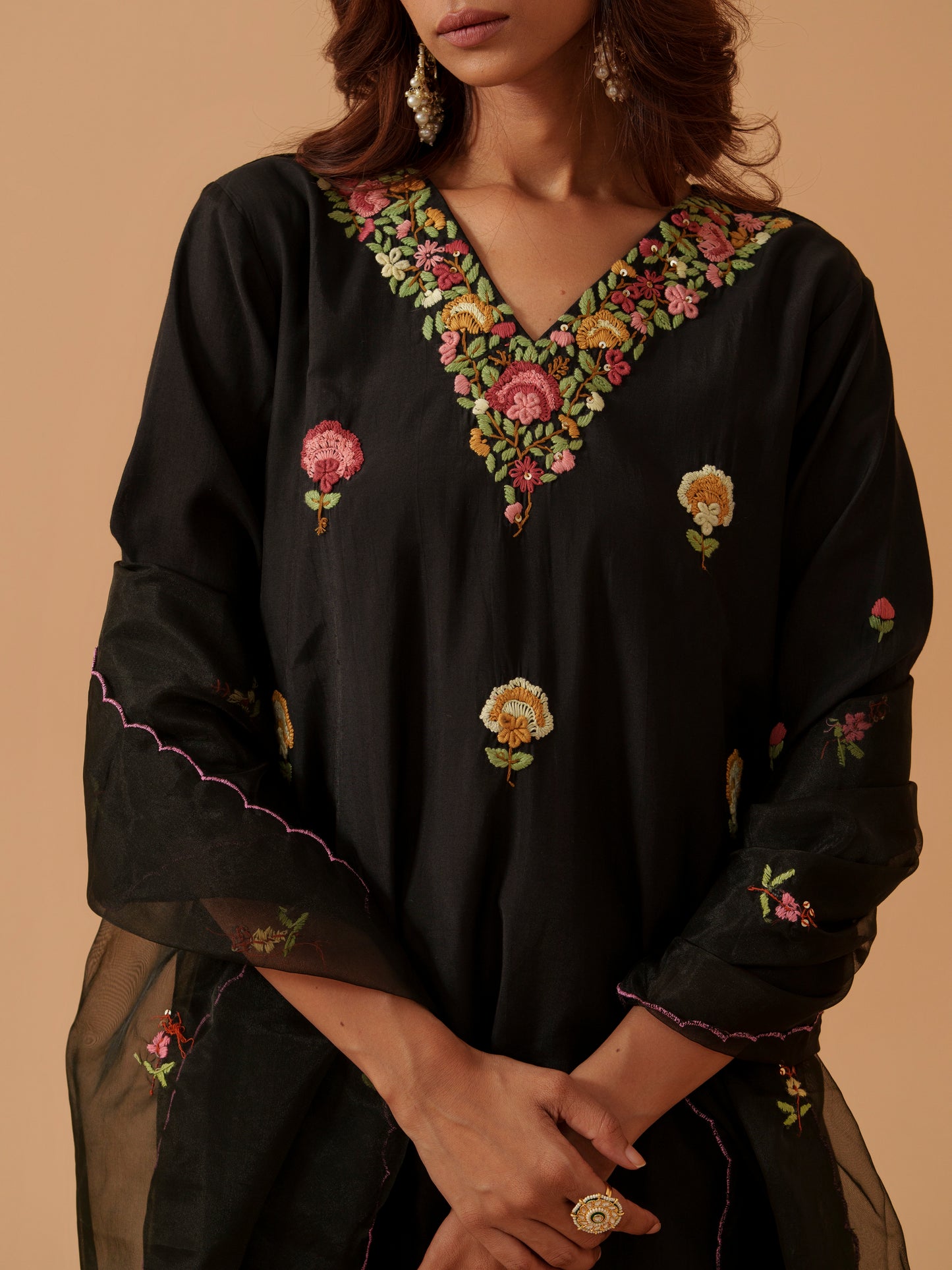 Floral Embroidered V-Neck Straight Kurta With Trousers & Dupatta