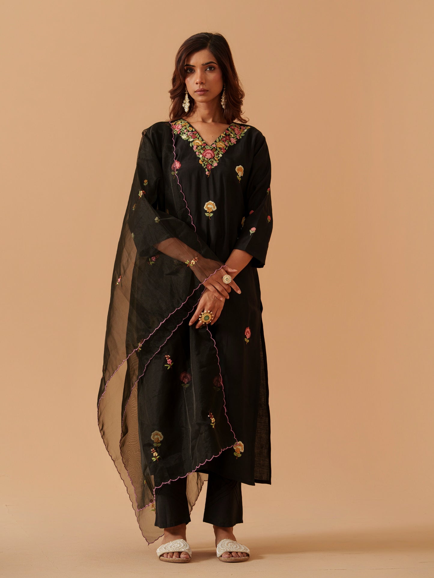 Floral Embroidered V-Neck Straight Kurta With Trousers & Dupatta
